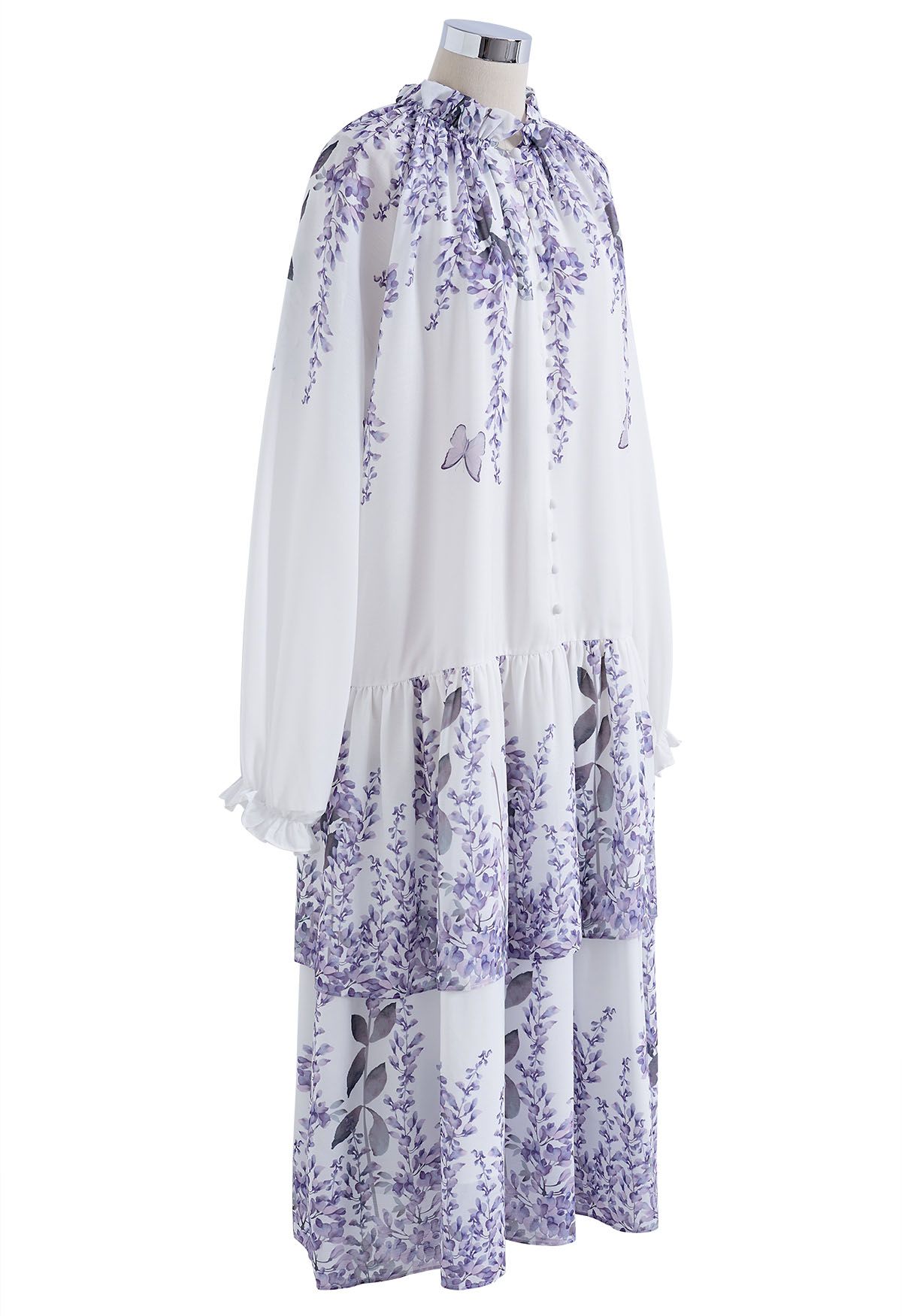 Lavender Print Bubble Sleeve Tiered Dress