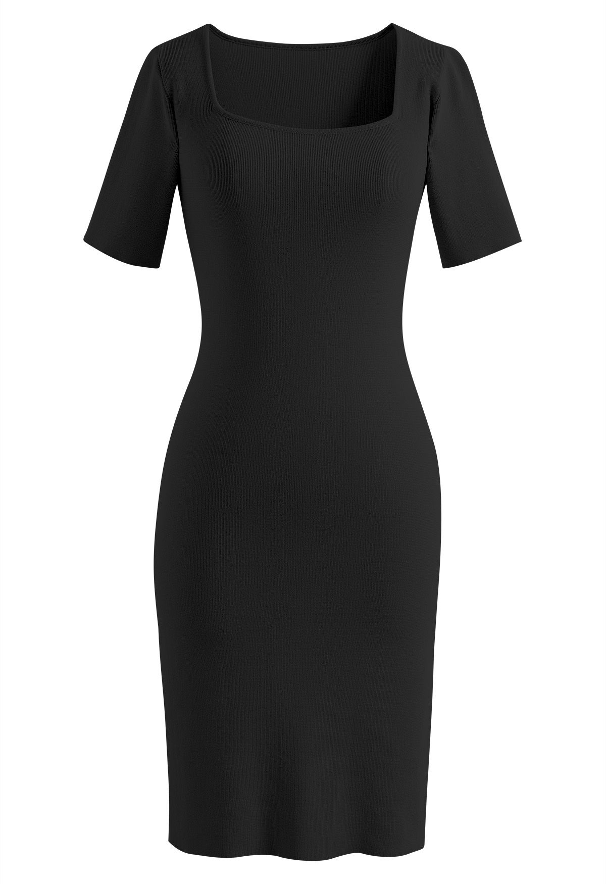 Square Neck Split Back Knit Dress in Black