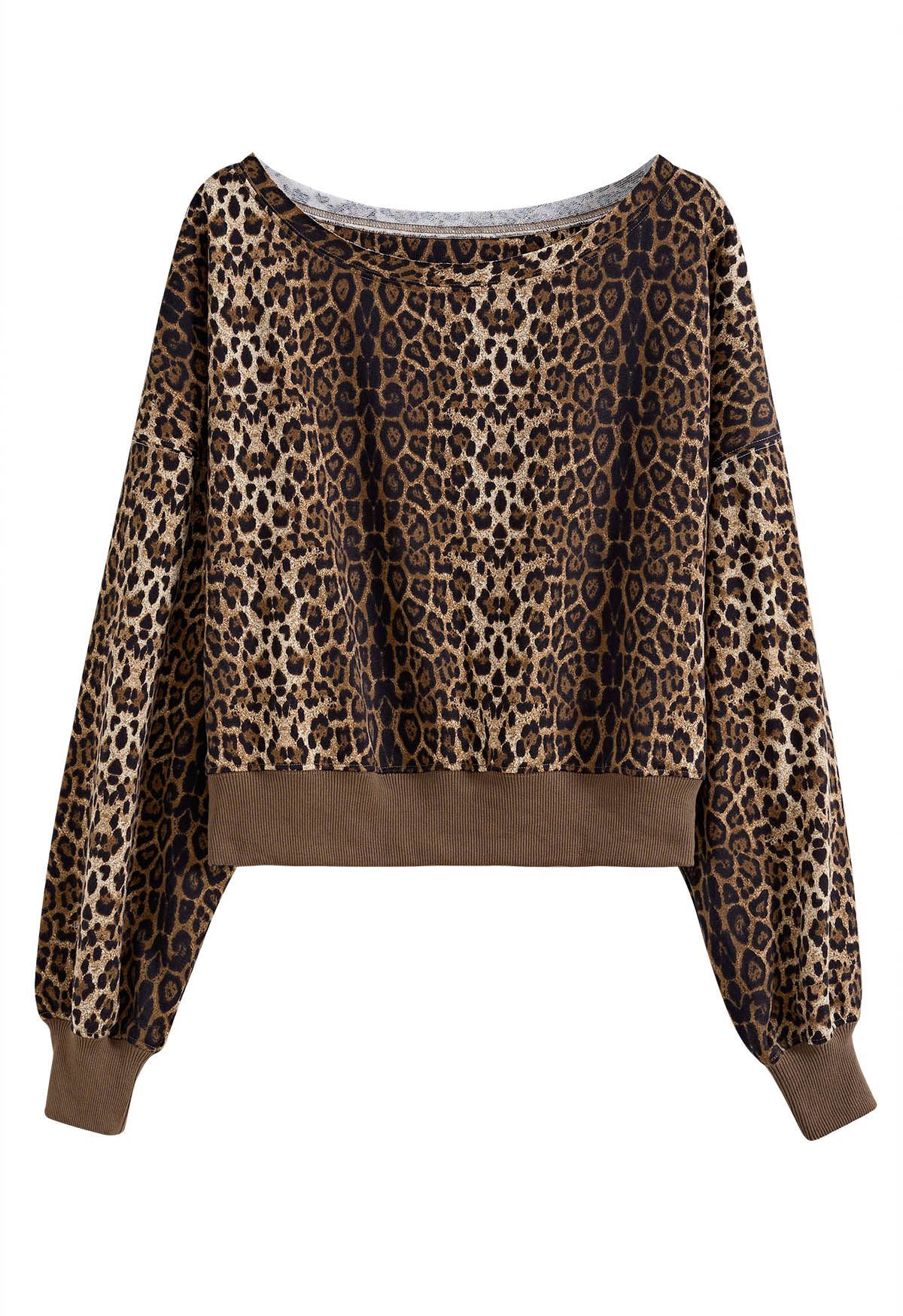 Leopard Print Boat Neck Sweatshirt