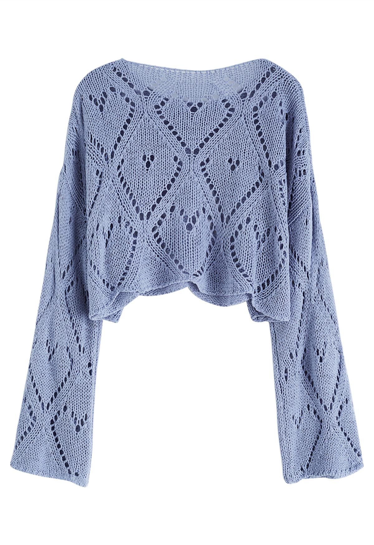 Heart Pattern Openwork Knit Top in Blue