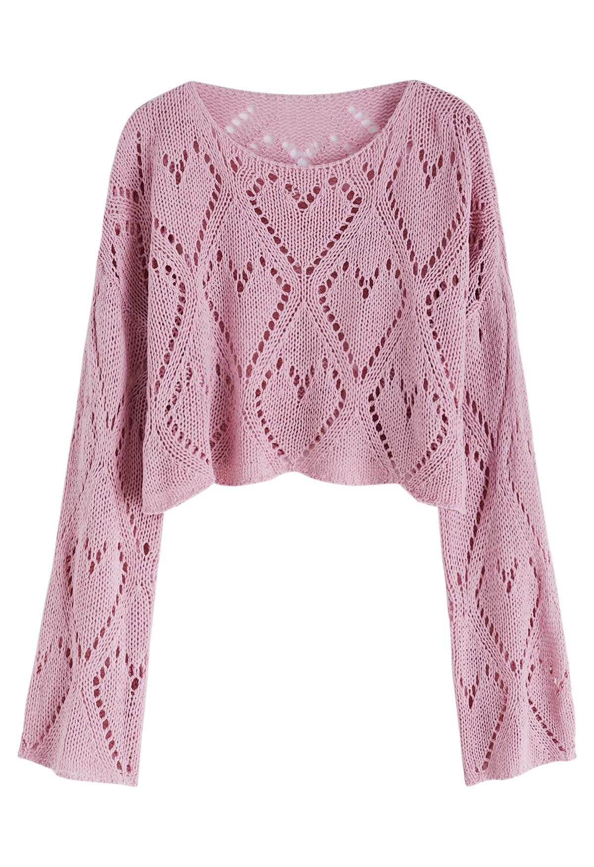 Heart Pattern Openwork Knit Top in Pink