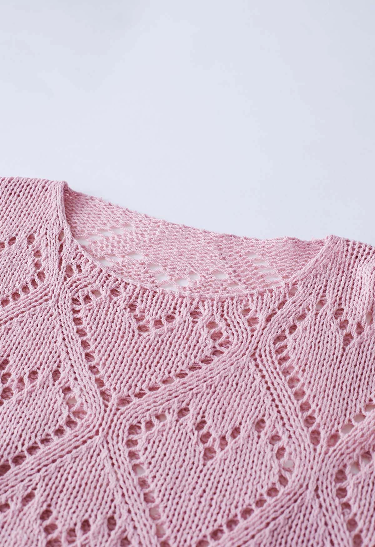 Heart Pattern Openwork Knit Top In Pink - Retro, Indie And Unique Fashion