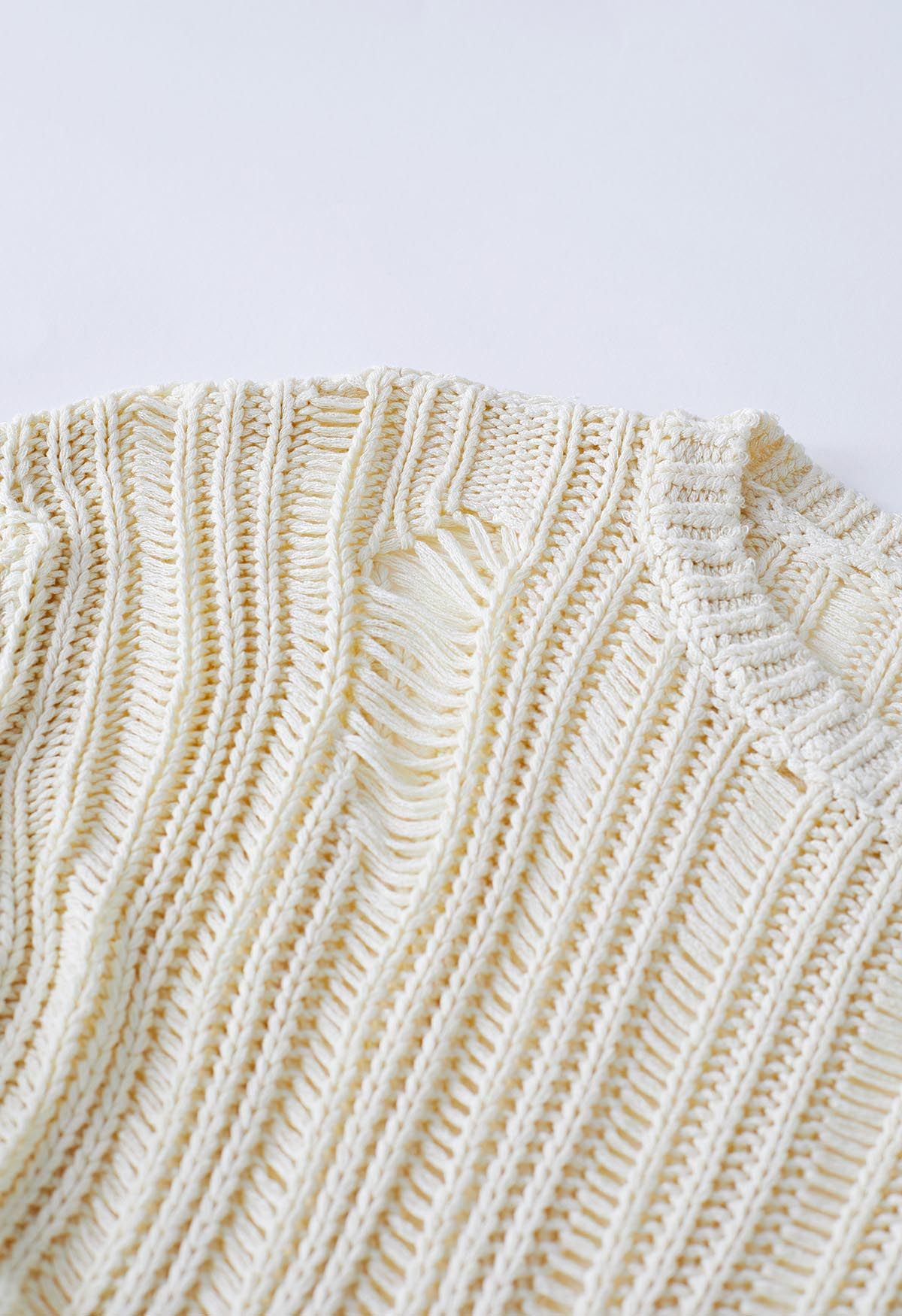 Side Slit Pointelle Knit Sweater in Cream