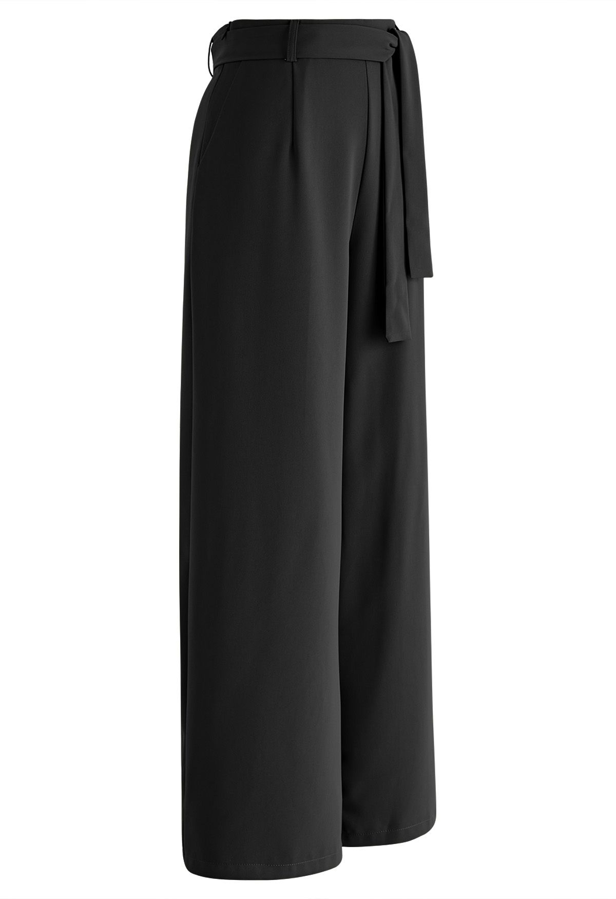 Side-Zip Belted Straight-Leg Pants in Black