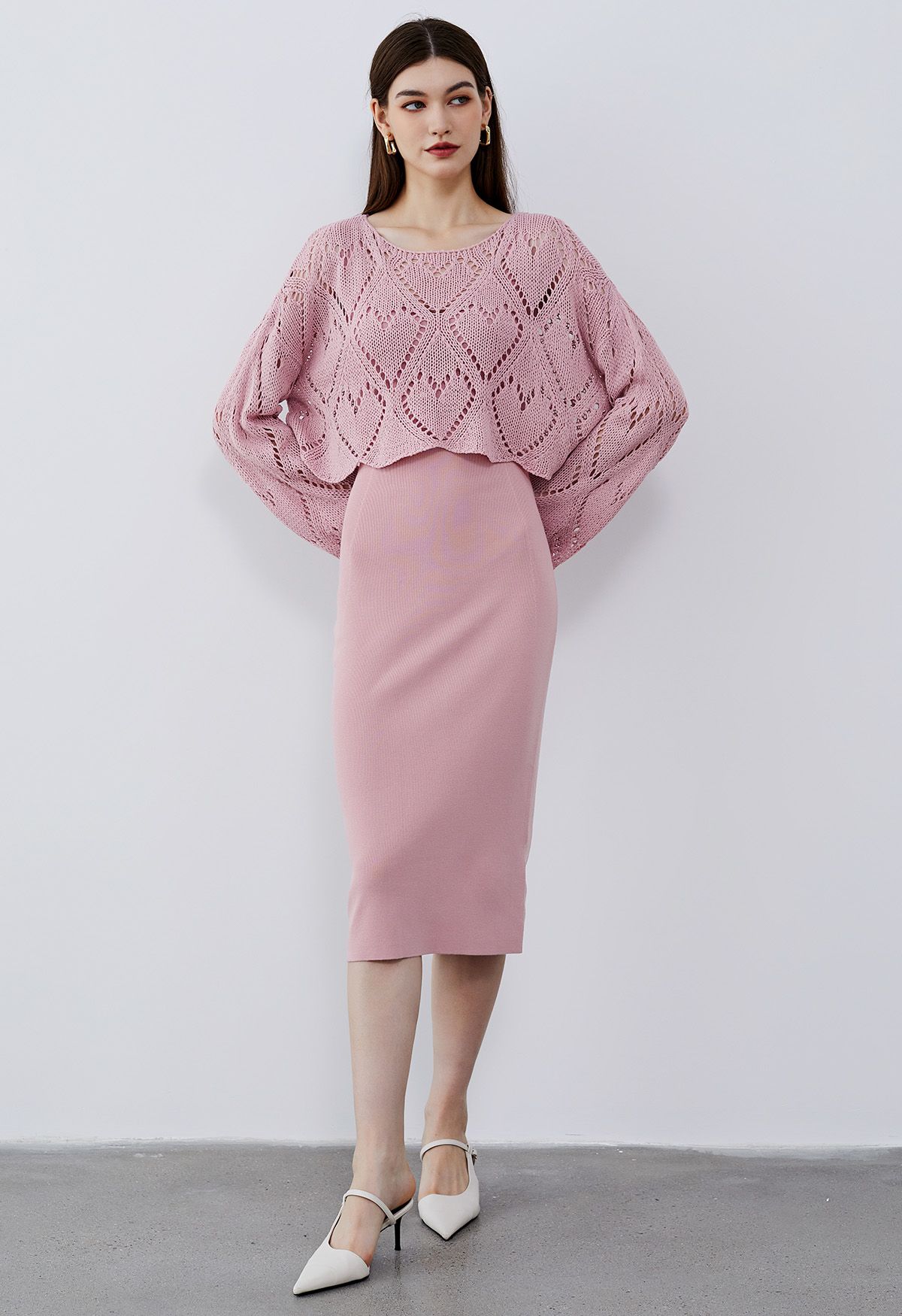 Heart Pattern Openwork Knit Top in Pink