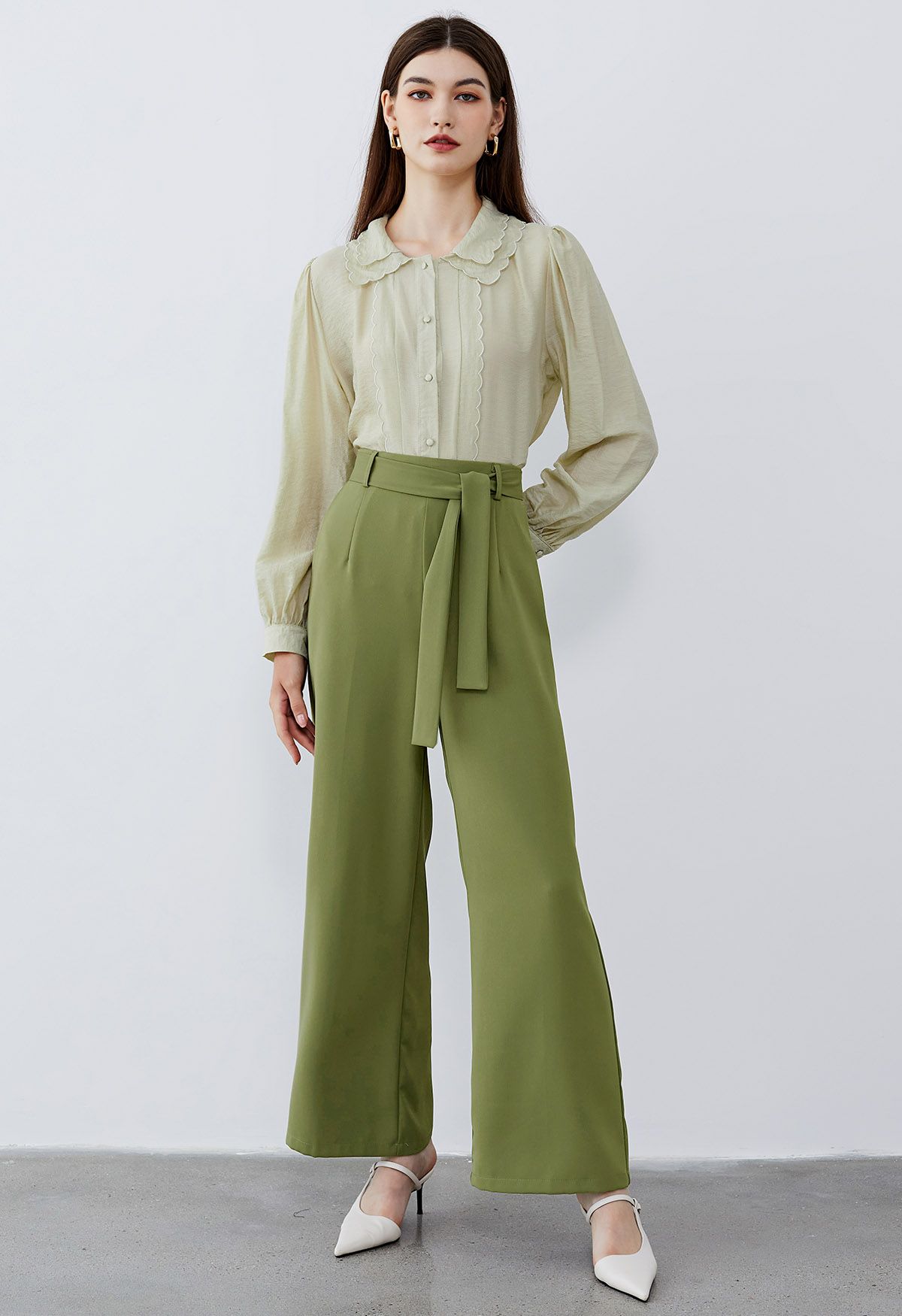 Side-Zip Belted Straight-Leg Pants in Lime - Retro, Indie and