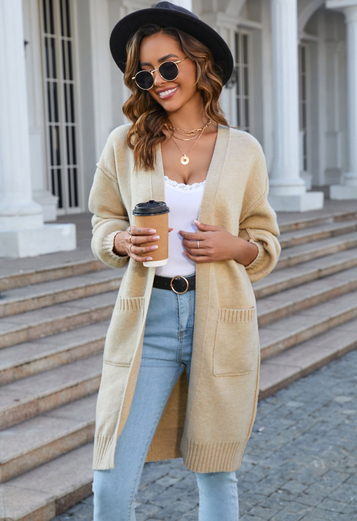 Casual Open Front Oversized Knit Cardigan with Pockets in Light Tan ...