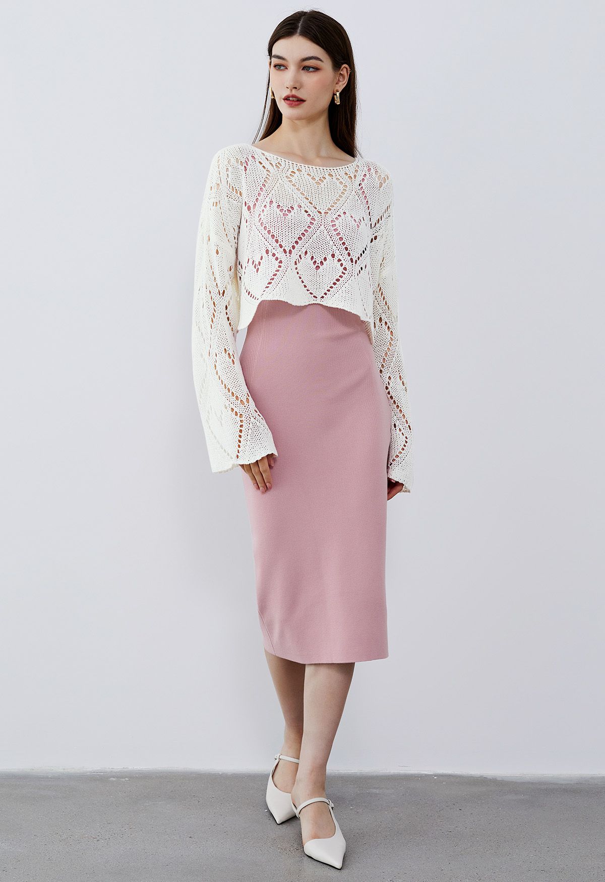 Heart Pattern Openwork Knit Top in White