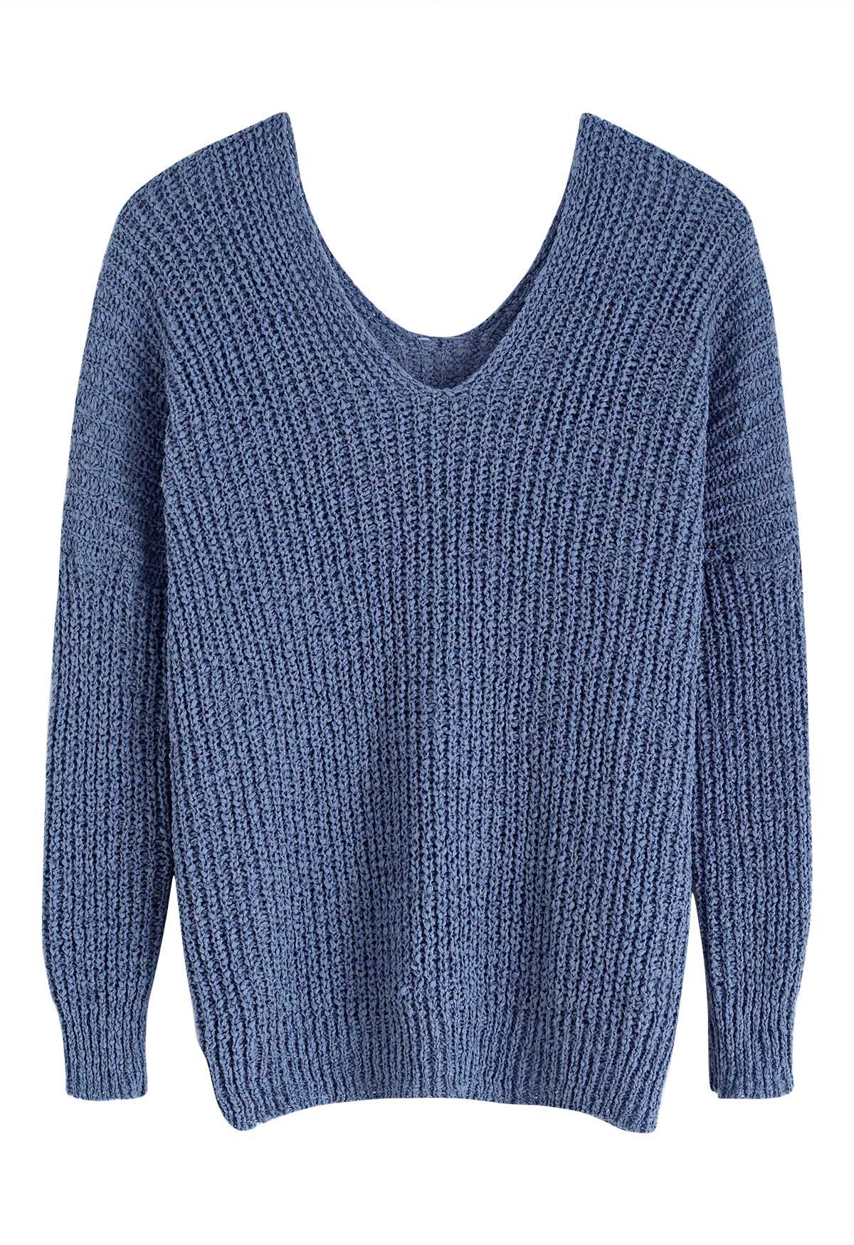 Texture Ribbed Knit V-Neck Sweater in Dusty Blue