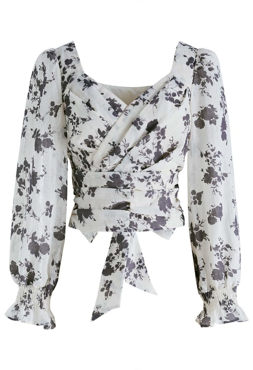 Surplice Sweetheart Neck Floral Tie-Back Top in Ivory