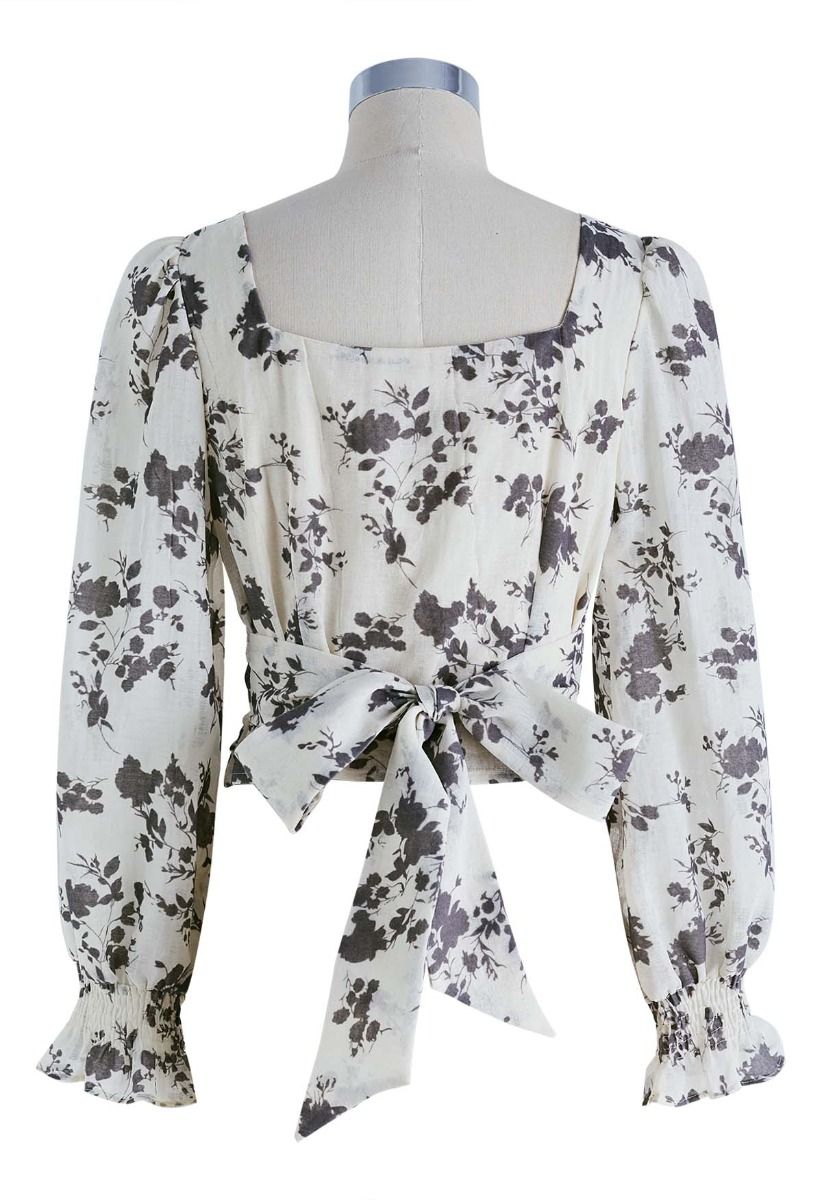 Surplice Sweetheart Neck Floral Tie-Back Top in Ivory