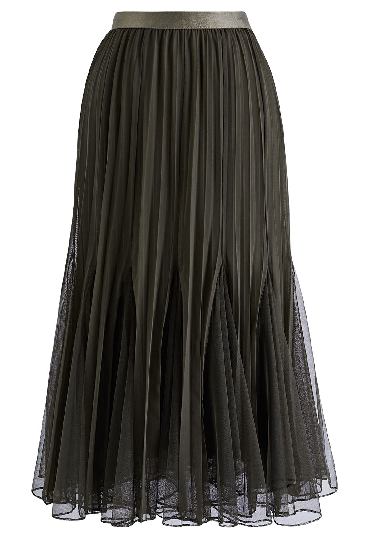 Panelled Pleated Mesh Tulle Midi Skirt in Army Green