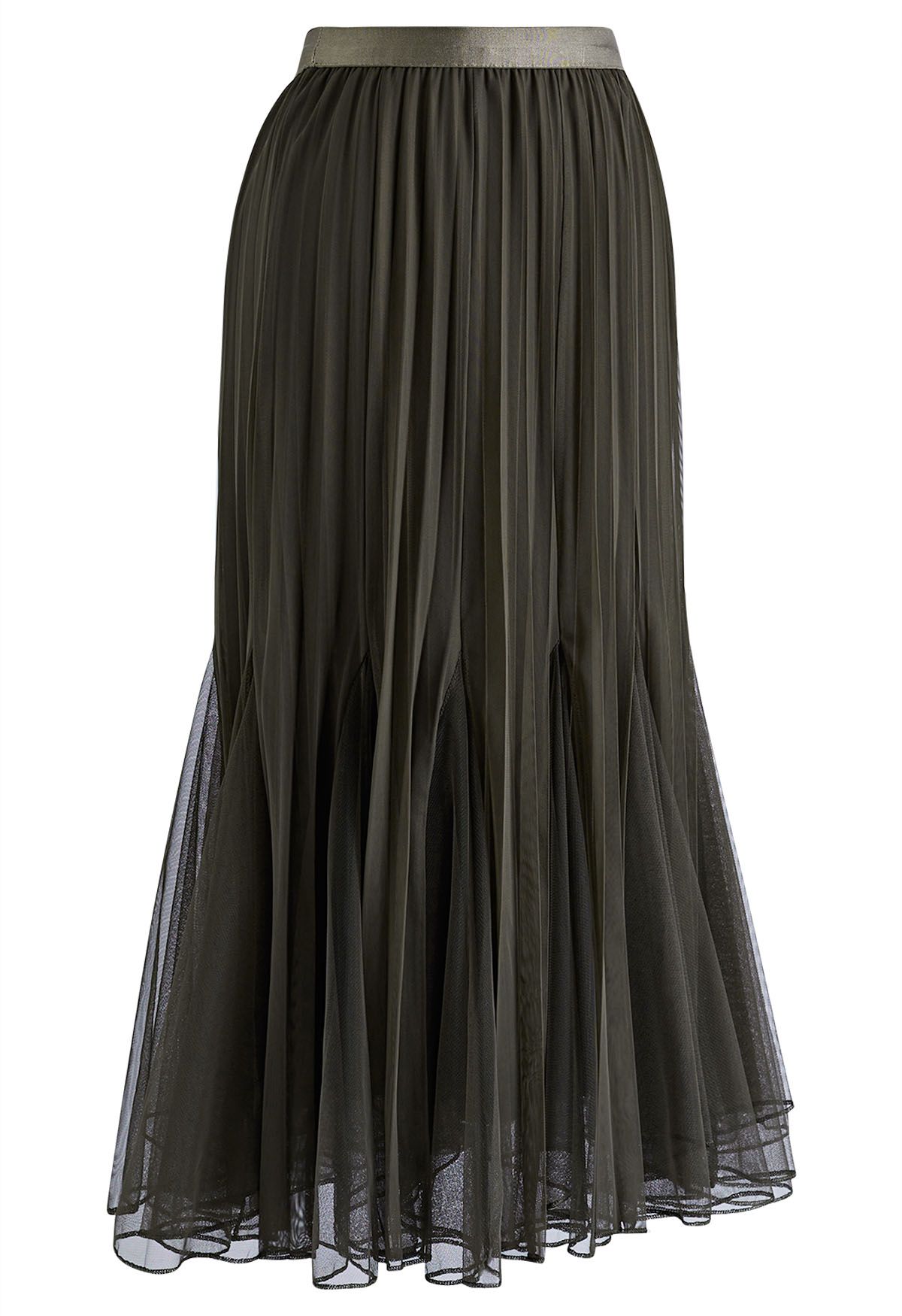 Panelled Pleated Mesh Tulle Midi Skirt in Army Green