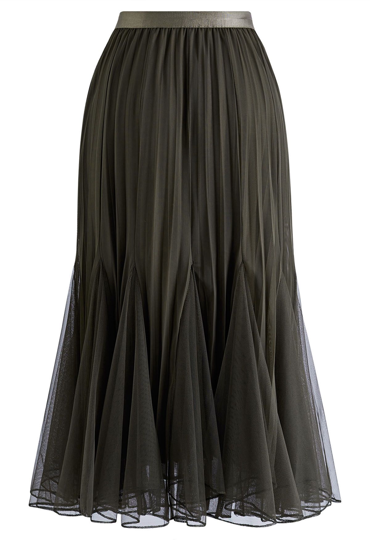 Panelled Pleated Mesh Tulle Midi Skirt in Army Green