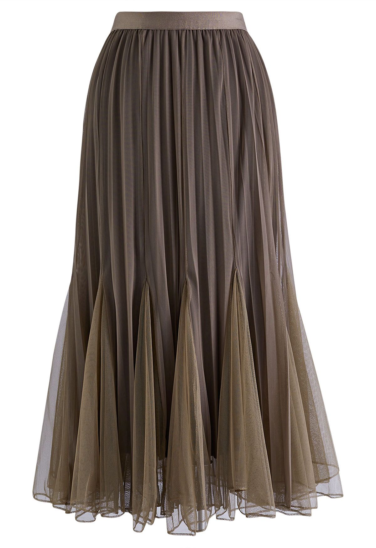 Panelled Pleated Mesh Tulle Midi Skirt in Brown - Retro, Indie and ...