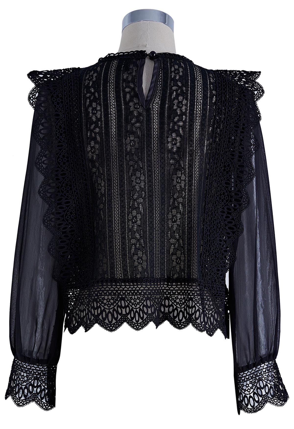 Sheer Sleeve Spliced Cutwork Lace Top in Black