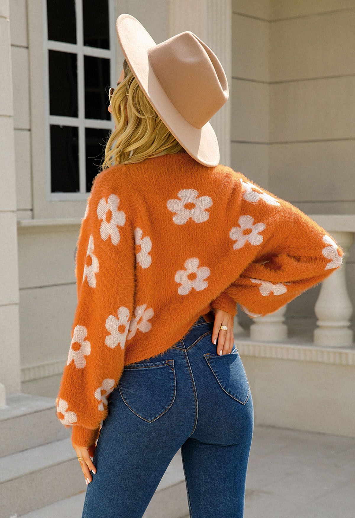 Cuteness Flowers Fuzzy Knit Cardigan in Orange - Retro, Indie and