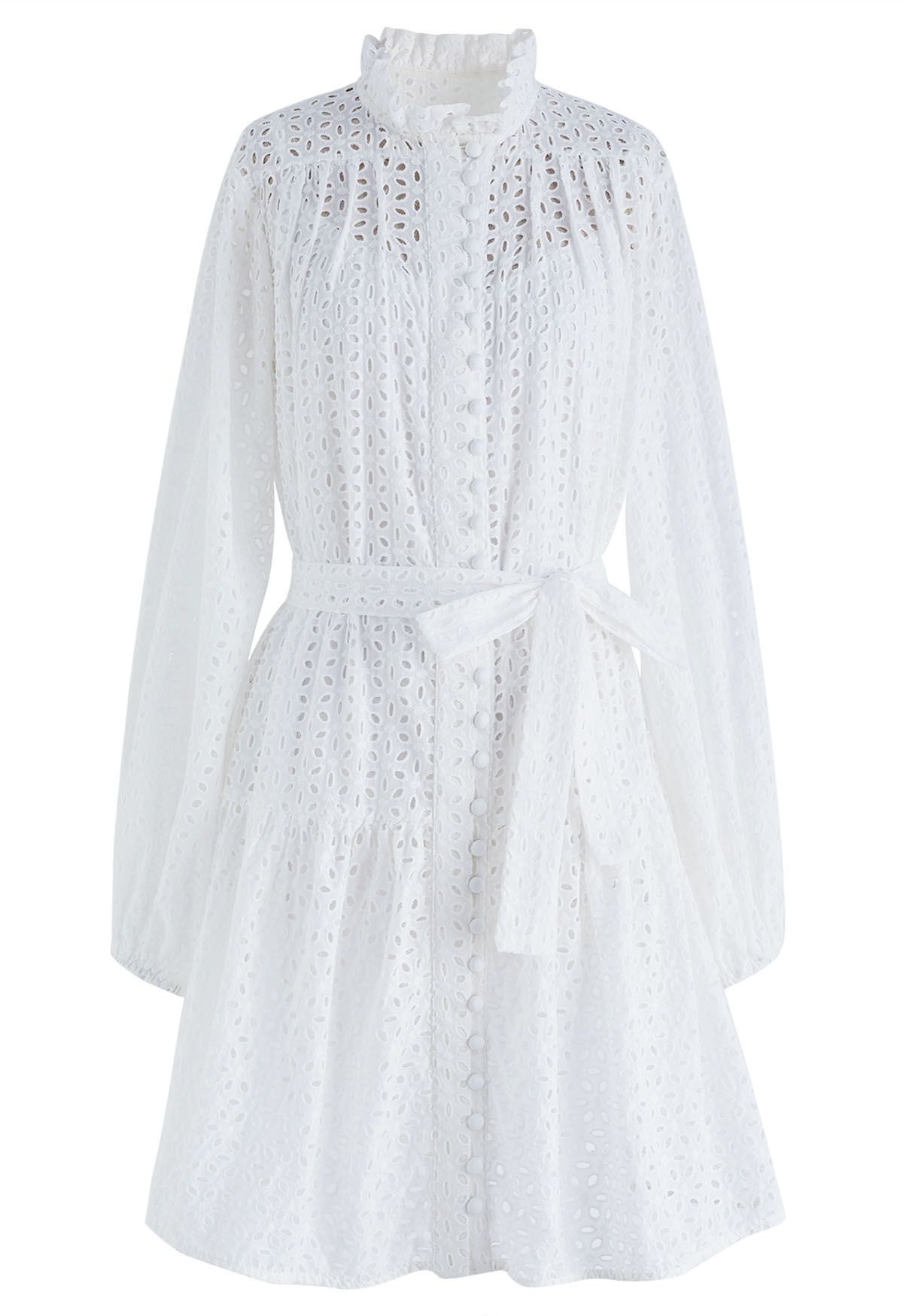 Floral Cutwork Button Down Belted Long-Sleeve Dress in White