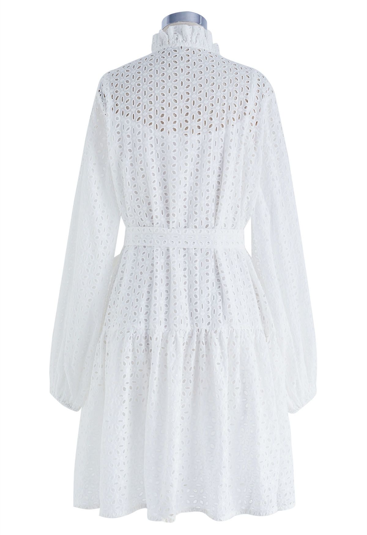 Floral Cutwork Button Down Belted Long-Sleeve Dress in White