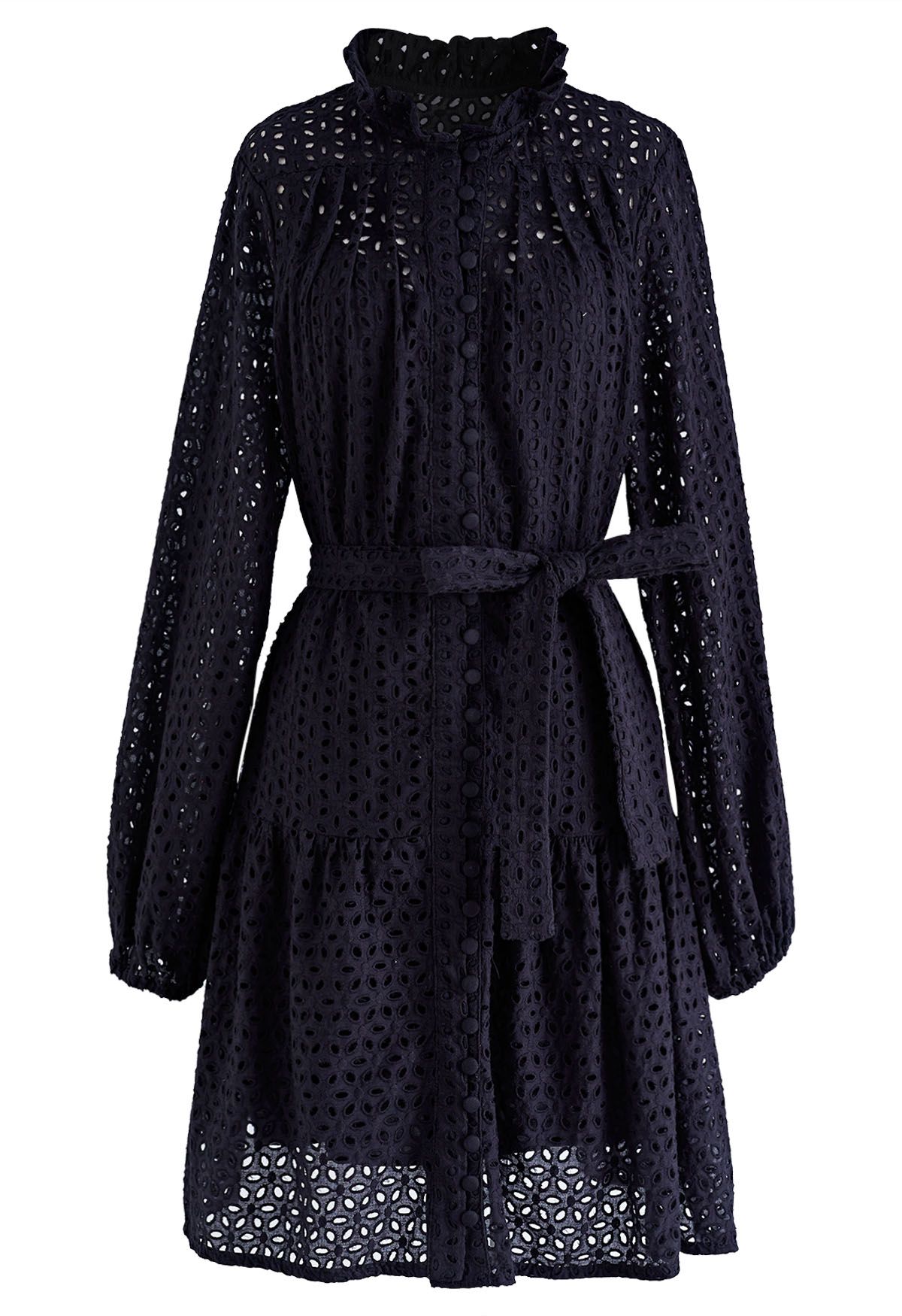 Floral Cutwork Button Down Belted Long-Sleeve Dress in Black