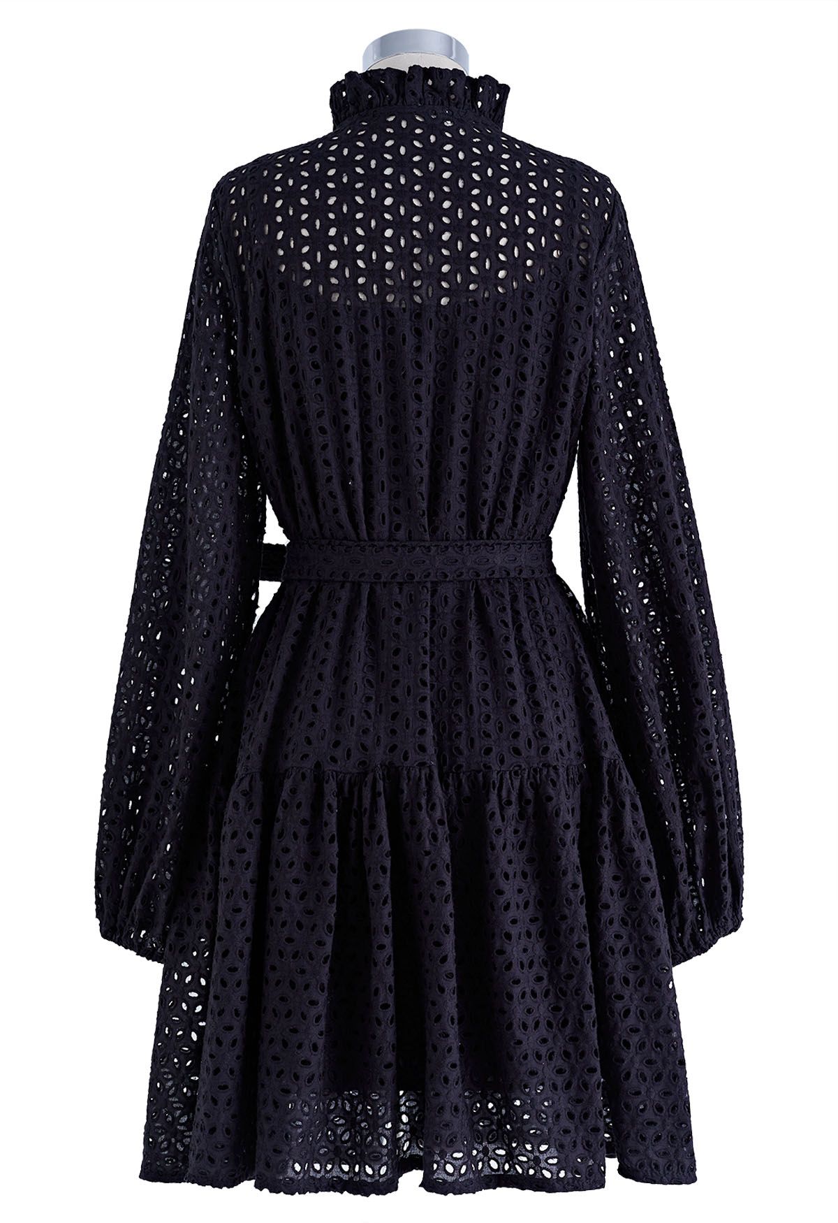 Floral Cutwork Button Down Belted Long-Sleeve Dress in Black