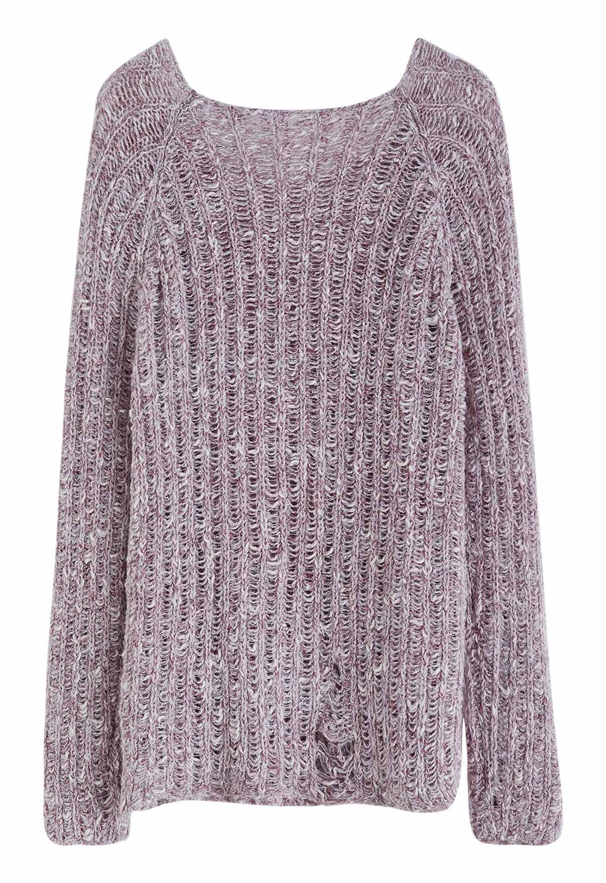 Raw Cut Edge Rip Knit Sweater in Plum