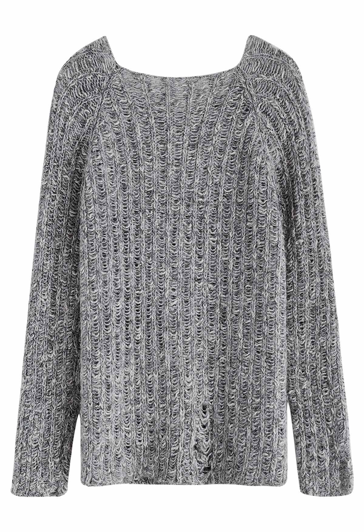 Raw Cut Edge Rip Knit Sweater in Grey - Retro, Indie and Unique Fashion