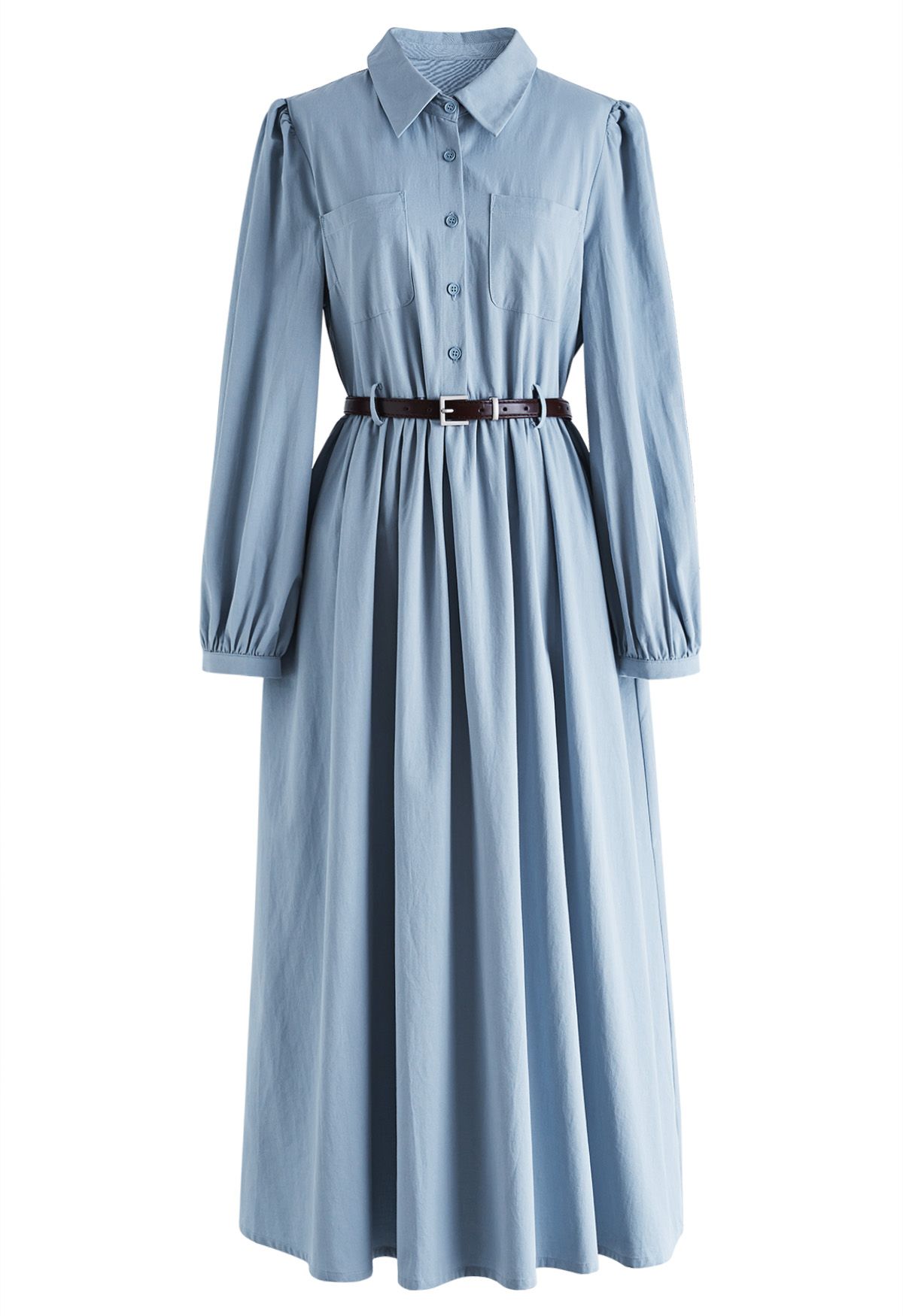 Patch Pocket Belted Cotton Shirt Dress in Blue