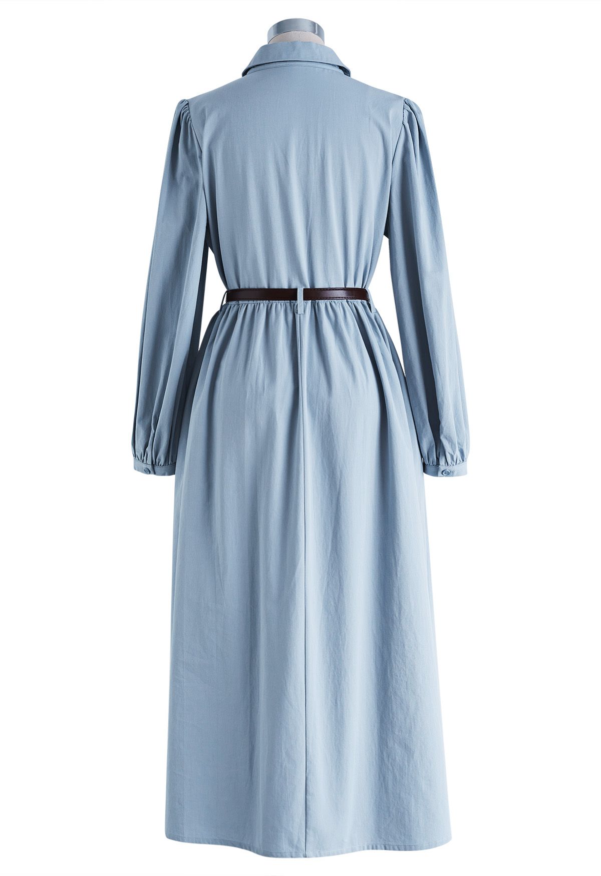 Patch Pocket Belted Cotton Shirt Dress in Blue