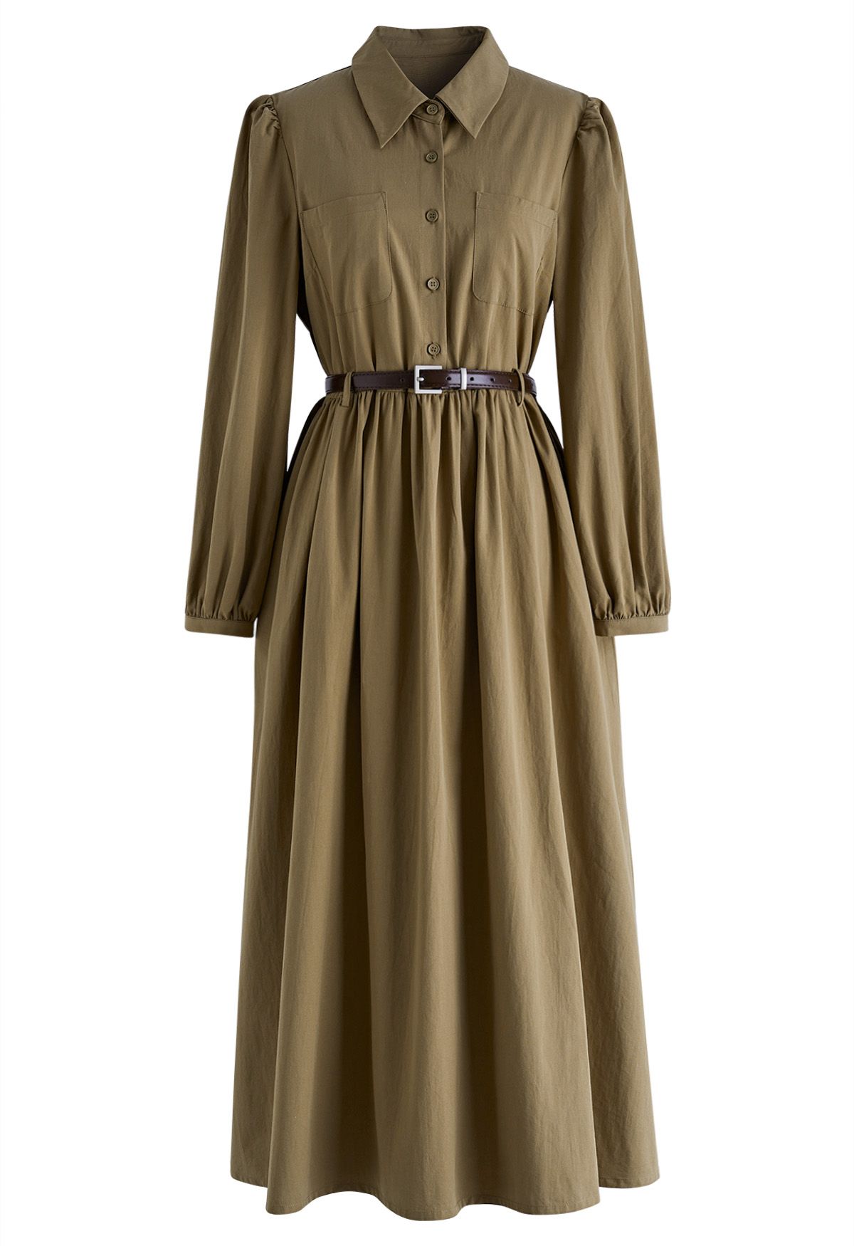 Patch Pocket Belted Cotton Shirt Dress in Khaki