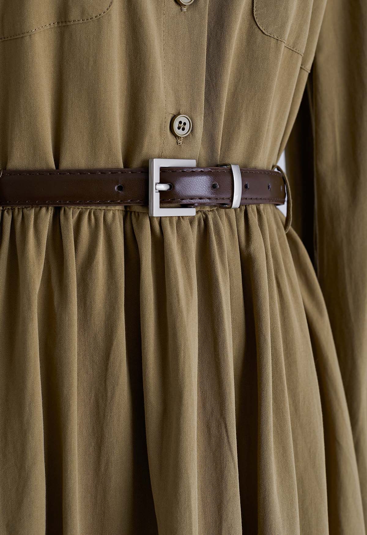 Patch Pocket Belted Cotton Shirt Dress in Khaki