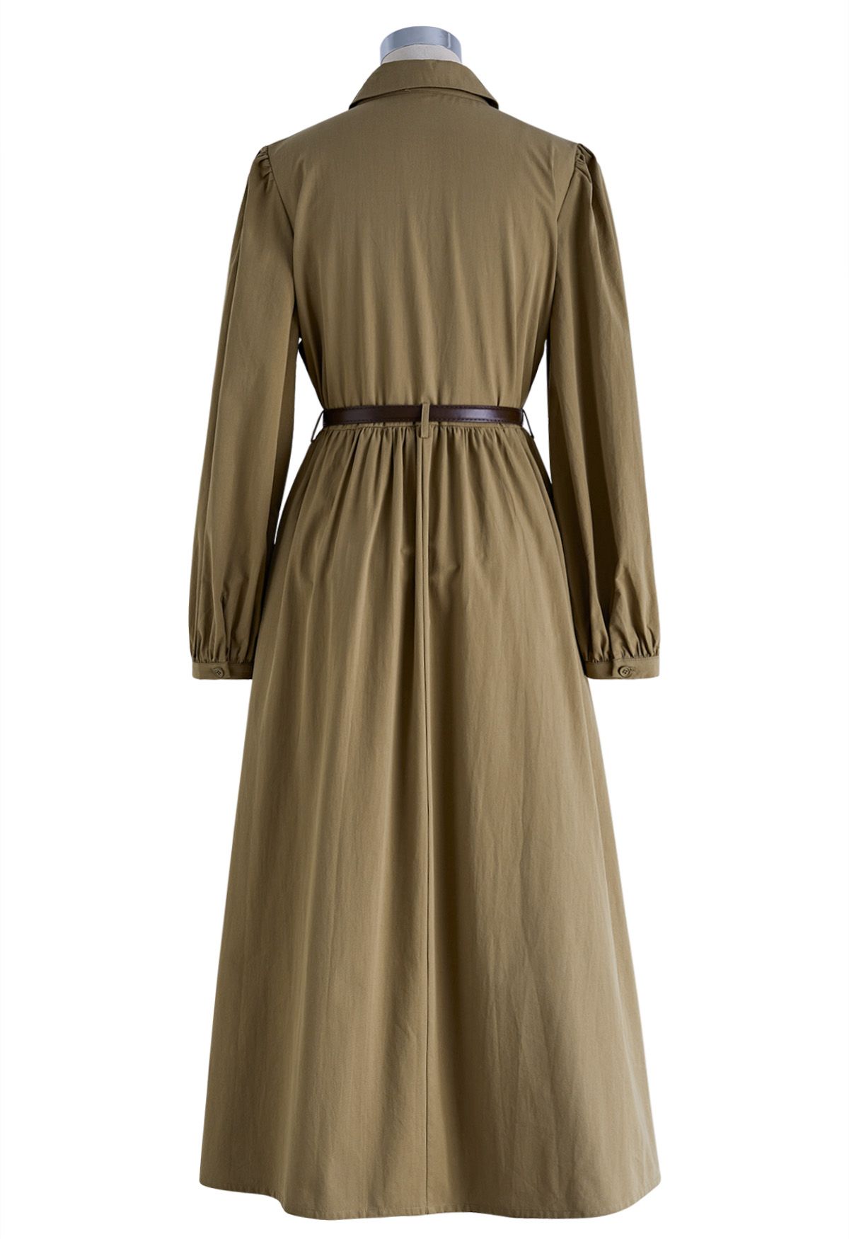 Patch Pocket Belted Cotton Shirt Dress in Khaki