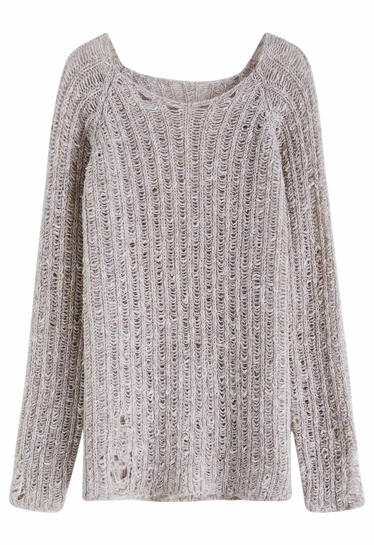 Raw Cut Edge Rip Knit Sweater in Oatmeal