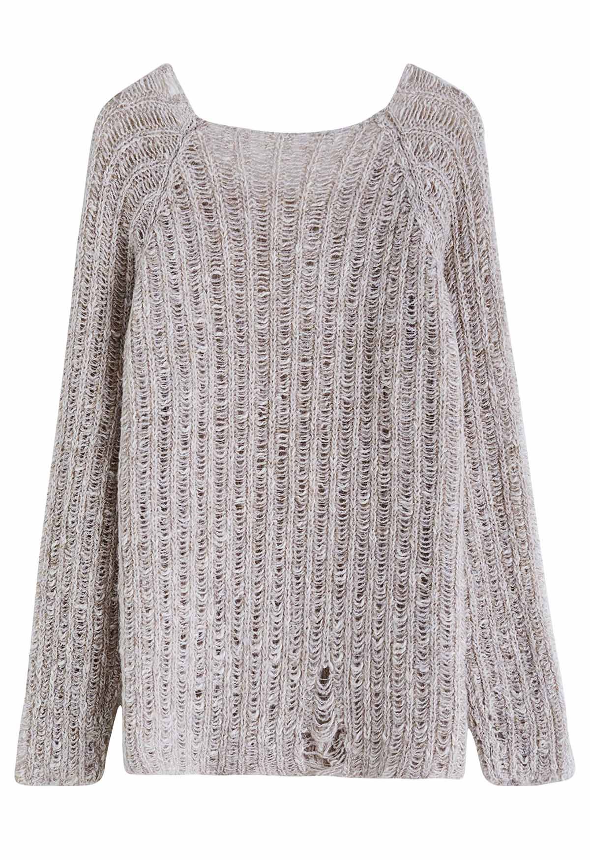 Raw Cut Edge Rip Knit Sweater in Oatmeal