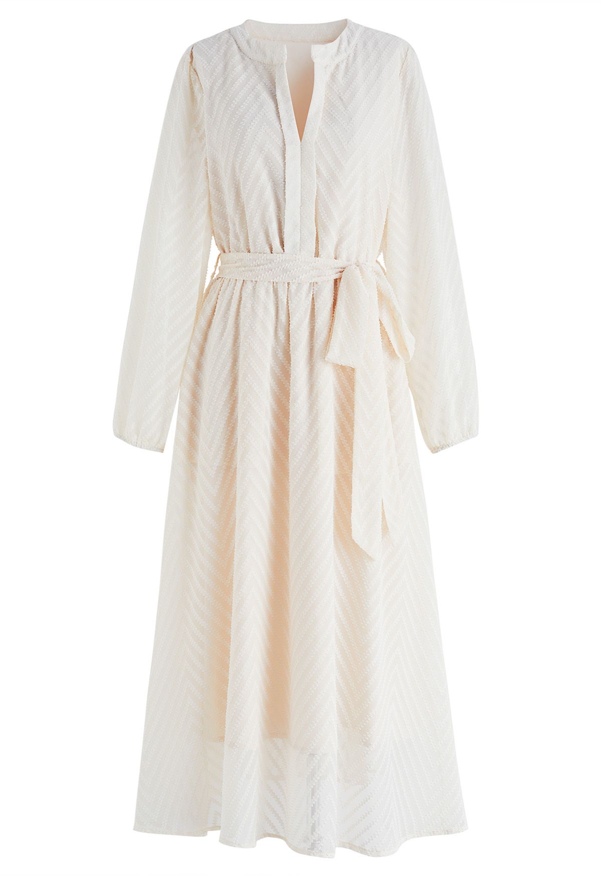 Zigzag Flock Dot Tie Waist Midi Dress in Cream