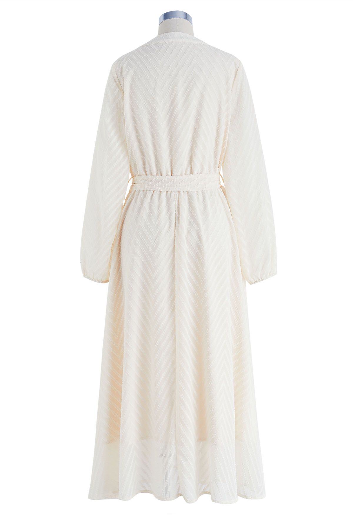 Zigzag Flock Dot Tie Waist Midi Dress in Cream