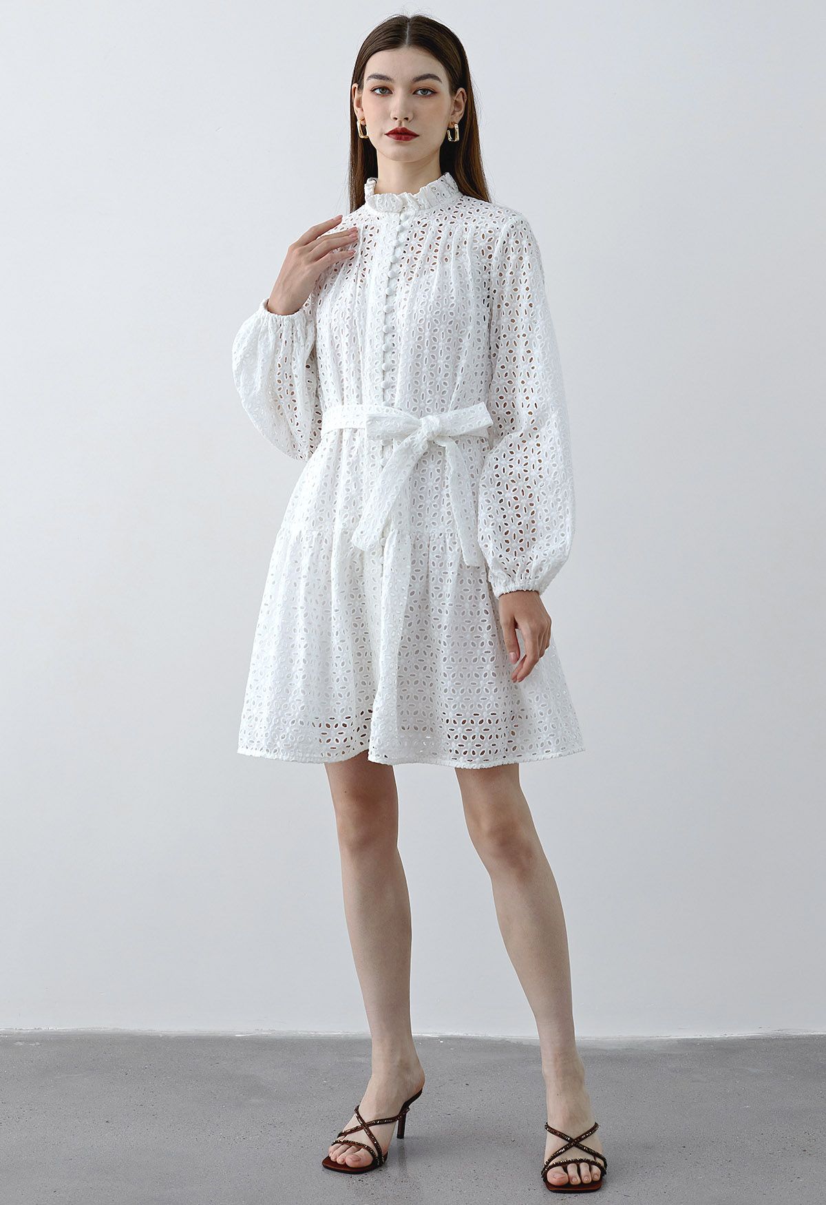 Floral Cutwork Button Down Belted Long-Sleeve Dress in White