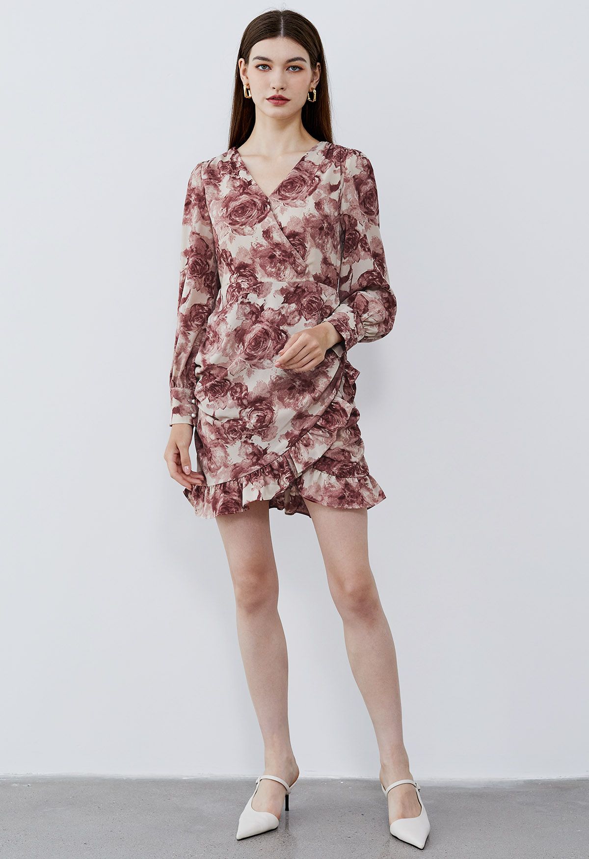 Watercolor Floral Faux-Wrap Ruffled Dress