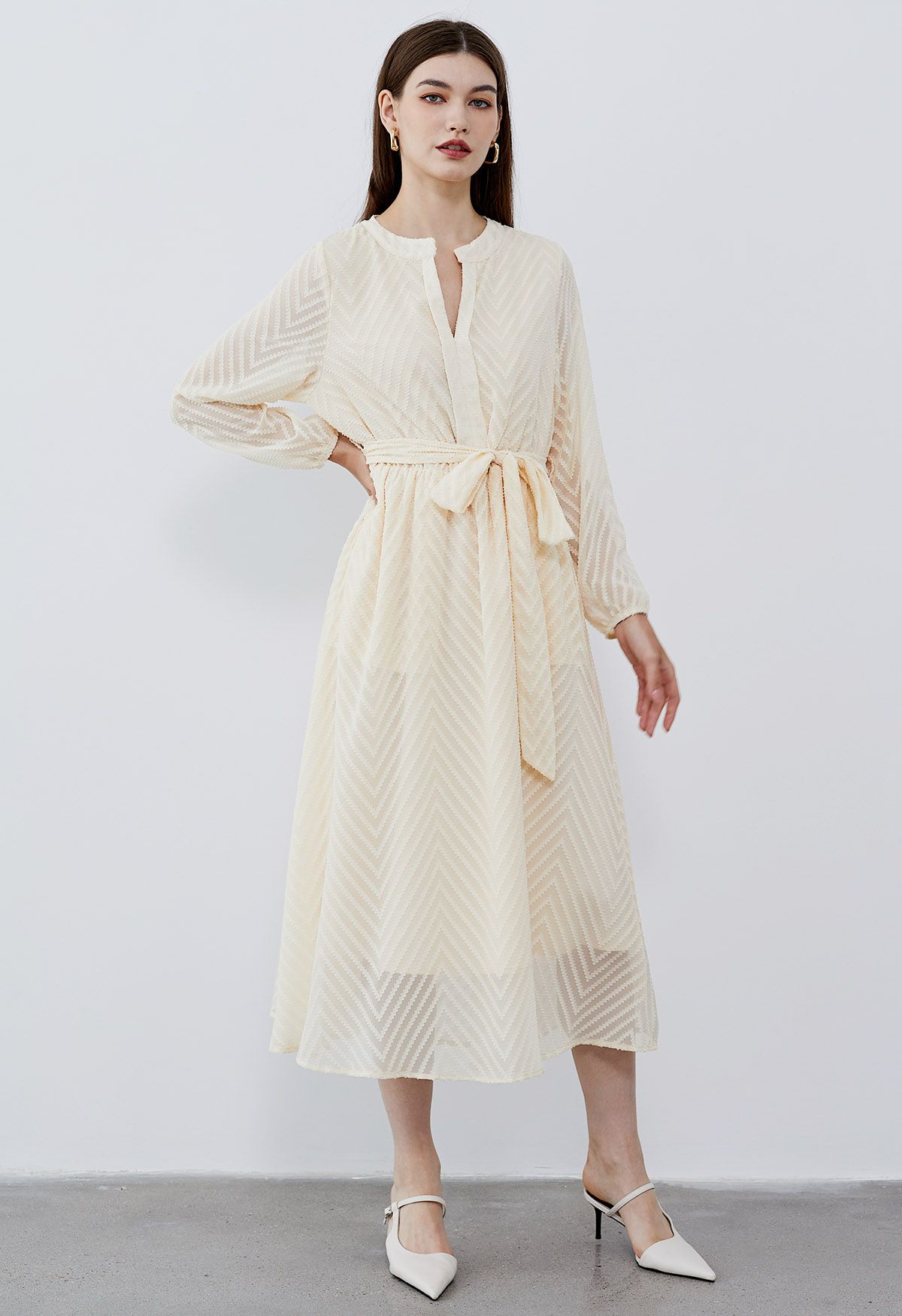 Zigzag Flock Dot Tie Waist Midi Dress in Cream