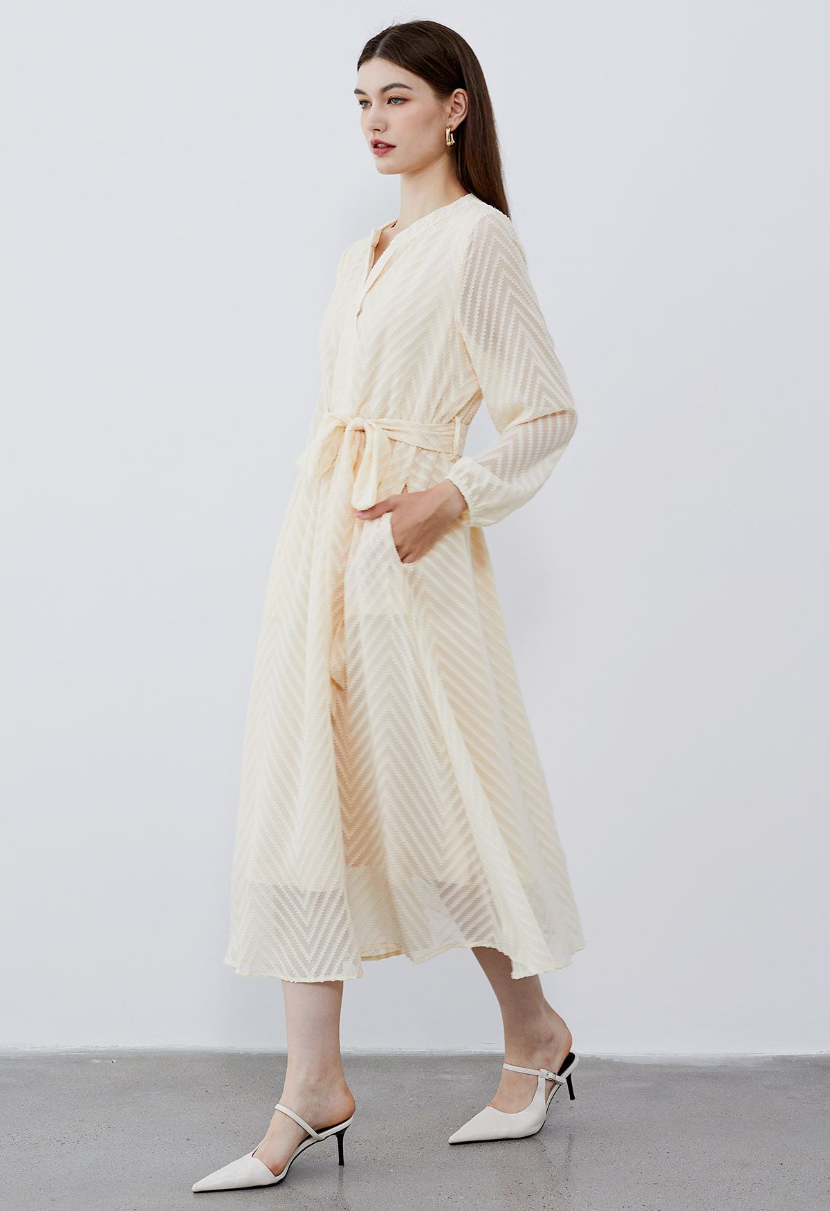 Zigzag Flock Dot Tie Waist Midi Dress in Cream