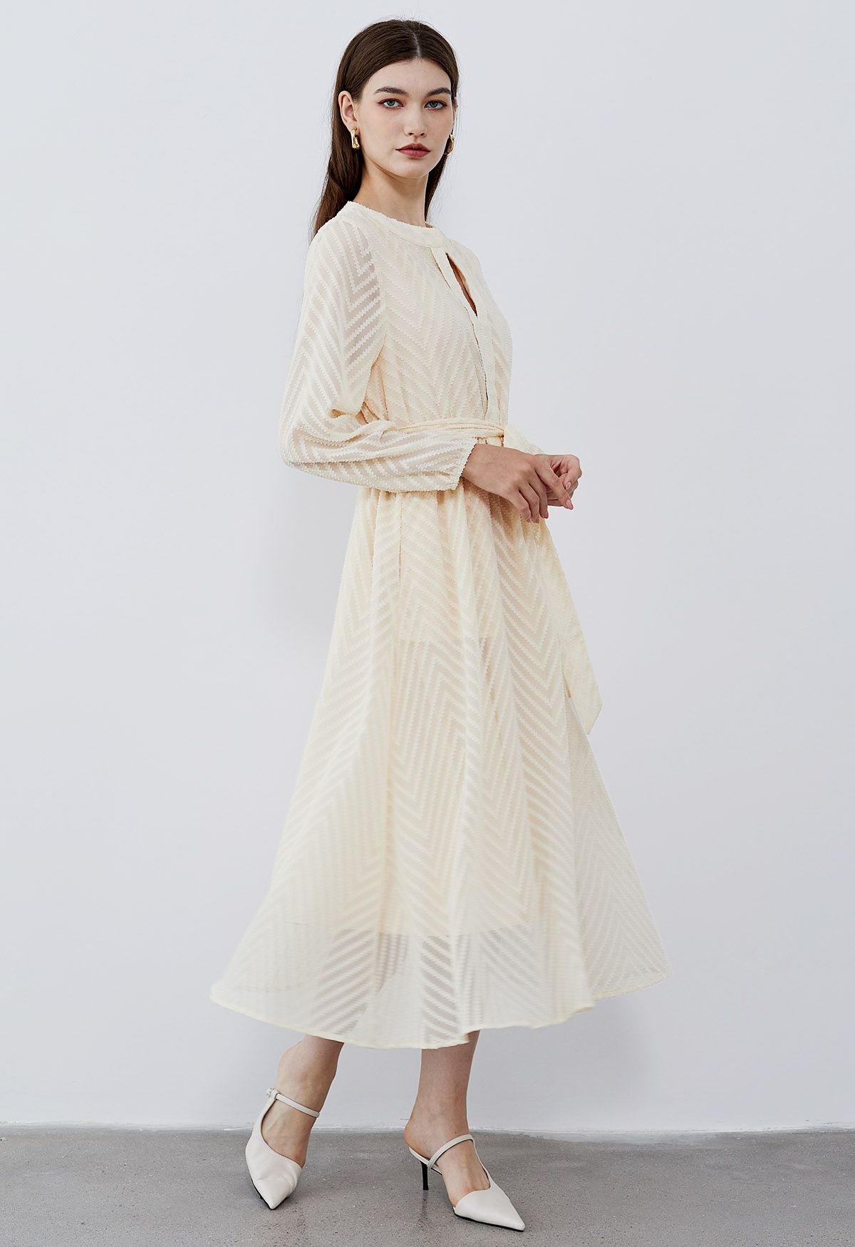 Zigzag Flock Dot Tie Waist Midi Dress in Cream