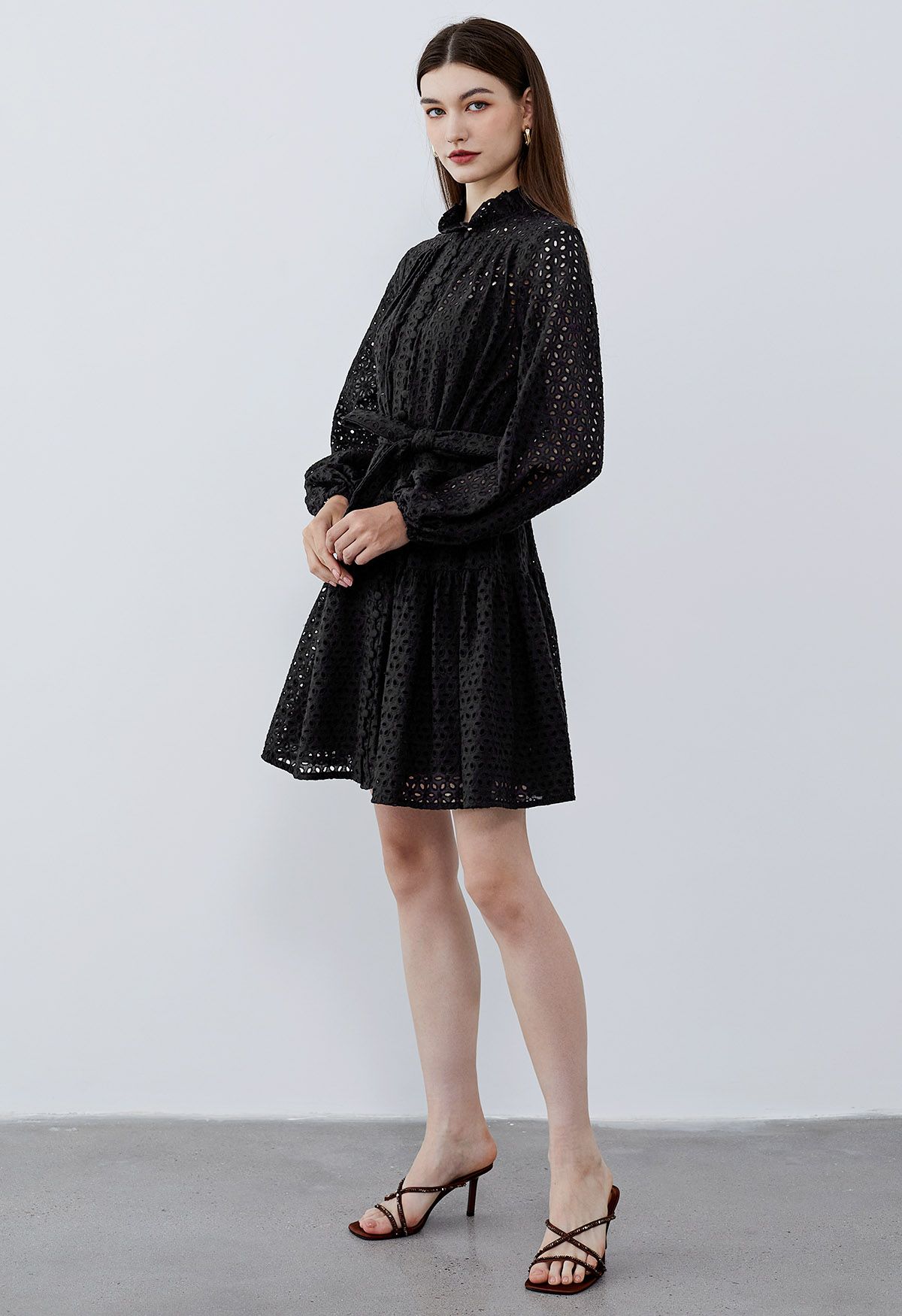 Floral Cutwork Button Down Belted Long-Sleeve Dress in Black