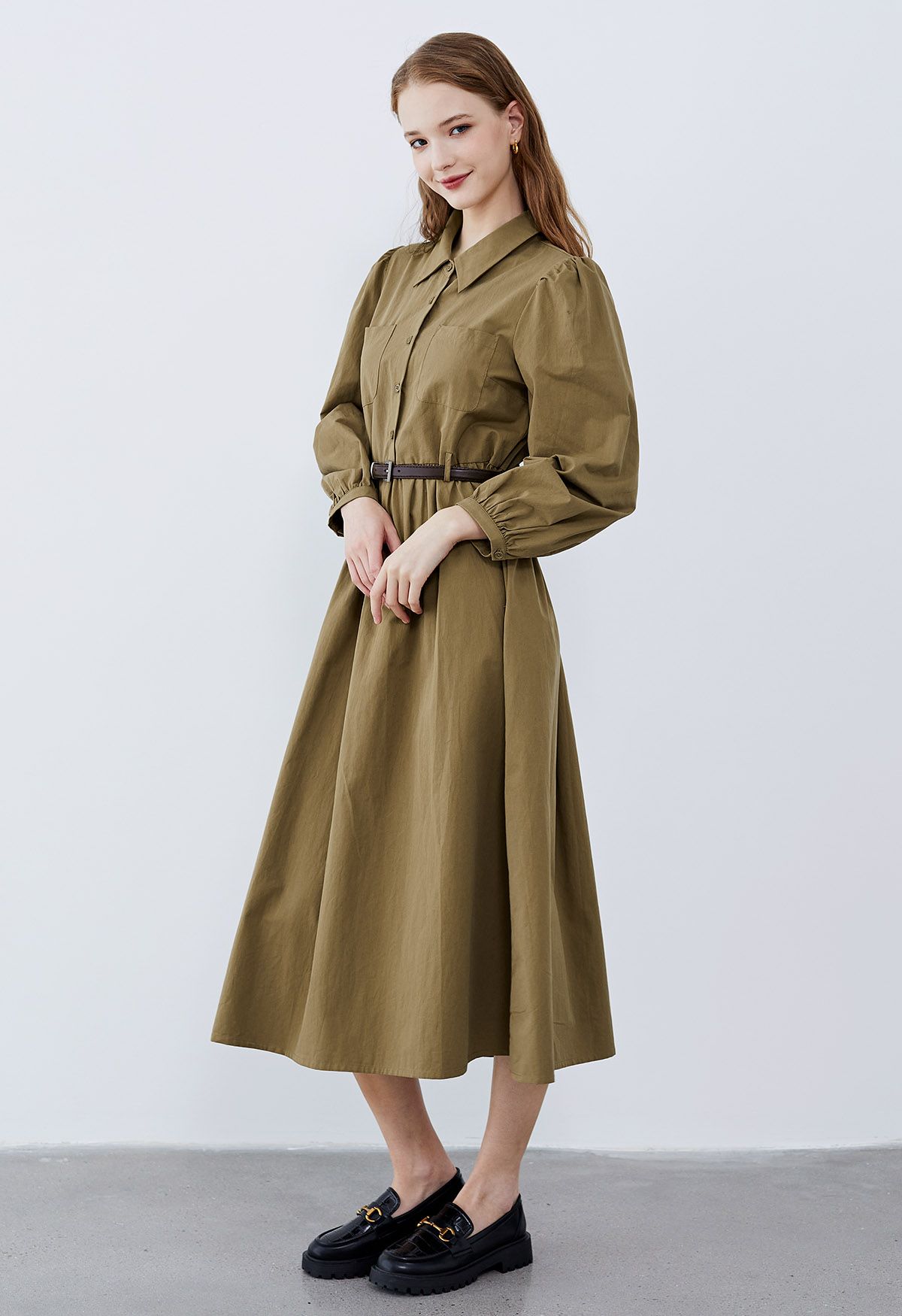 Patch Pocket Belted Cotton Shirt Dress in Khaki