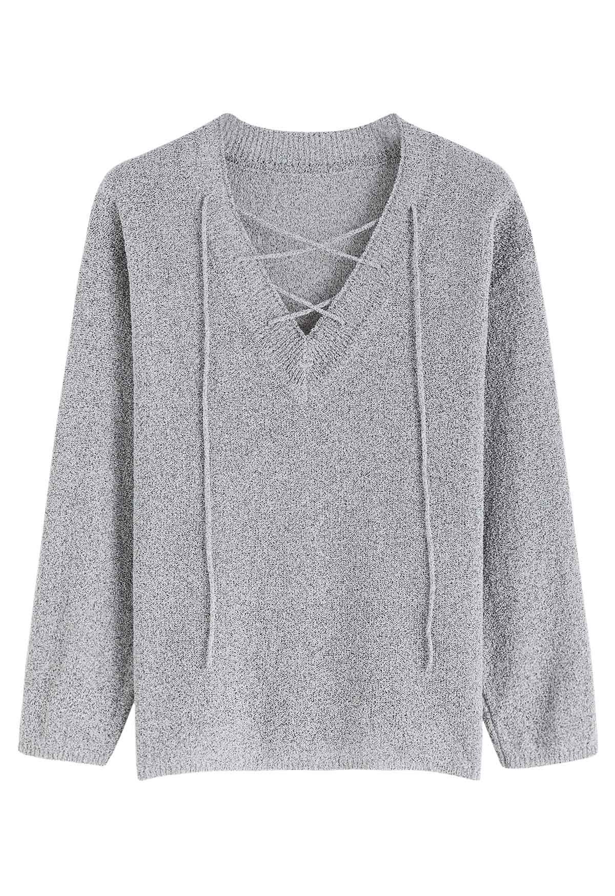 Slouchy V-Neck Lace-Up Knit Sweater in Grey