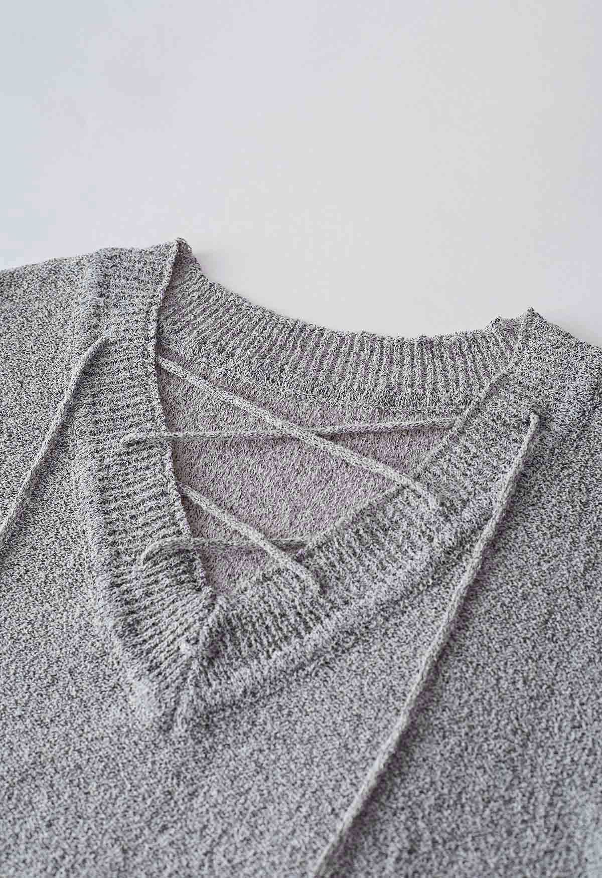 Slouchy V-Neck Lace-Up Knit Sweater in Grey