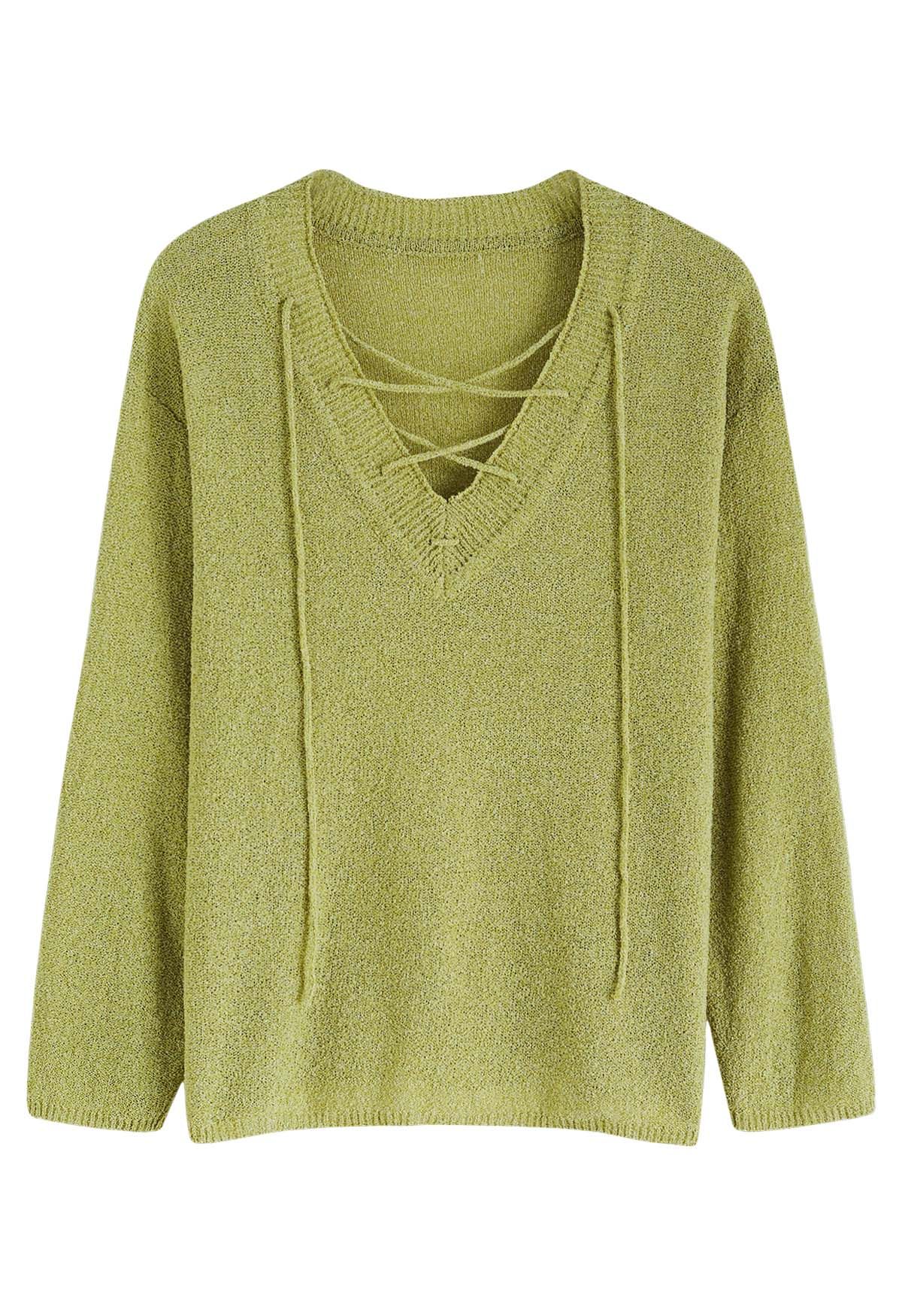 Slouchy V-Neck Lace-Up Knit Sweater in Moss Green