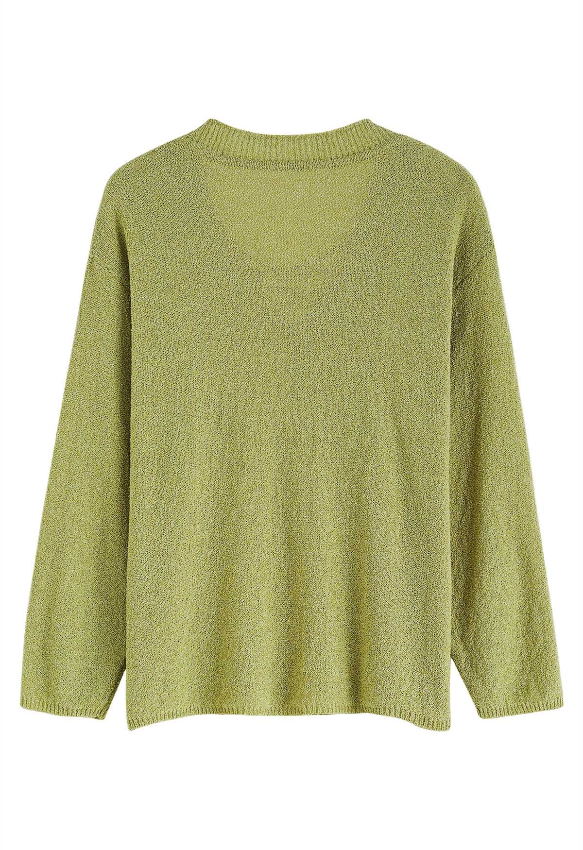 Slouchy V-Neck Lace-Up Knit Sweater in Moss Green