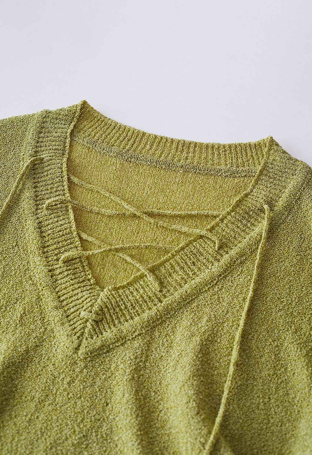 Slouchy V-Neck Lace-Up Knit Sweater in Moss Green