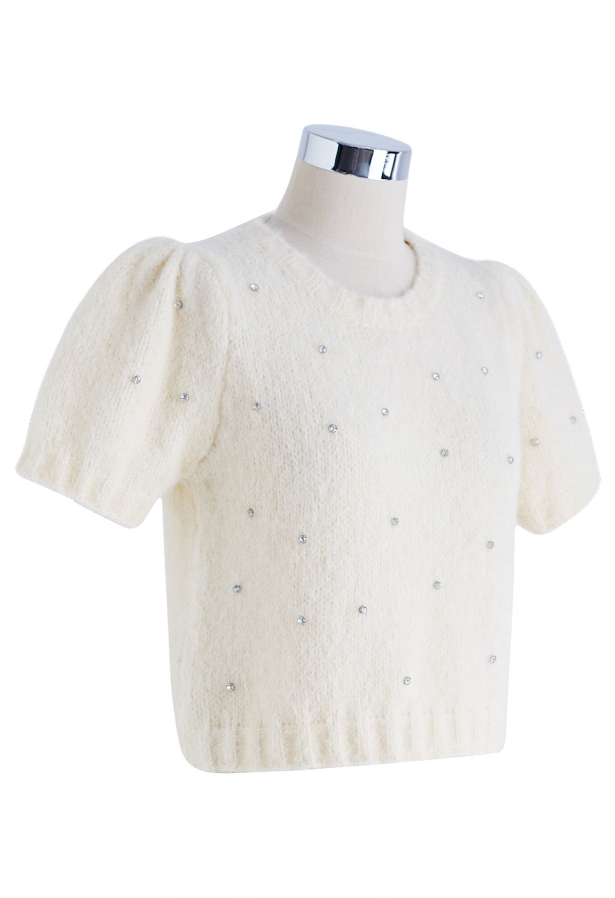 Rhinestone Embellished Fuzzy Knit Sweater in Cream