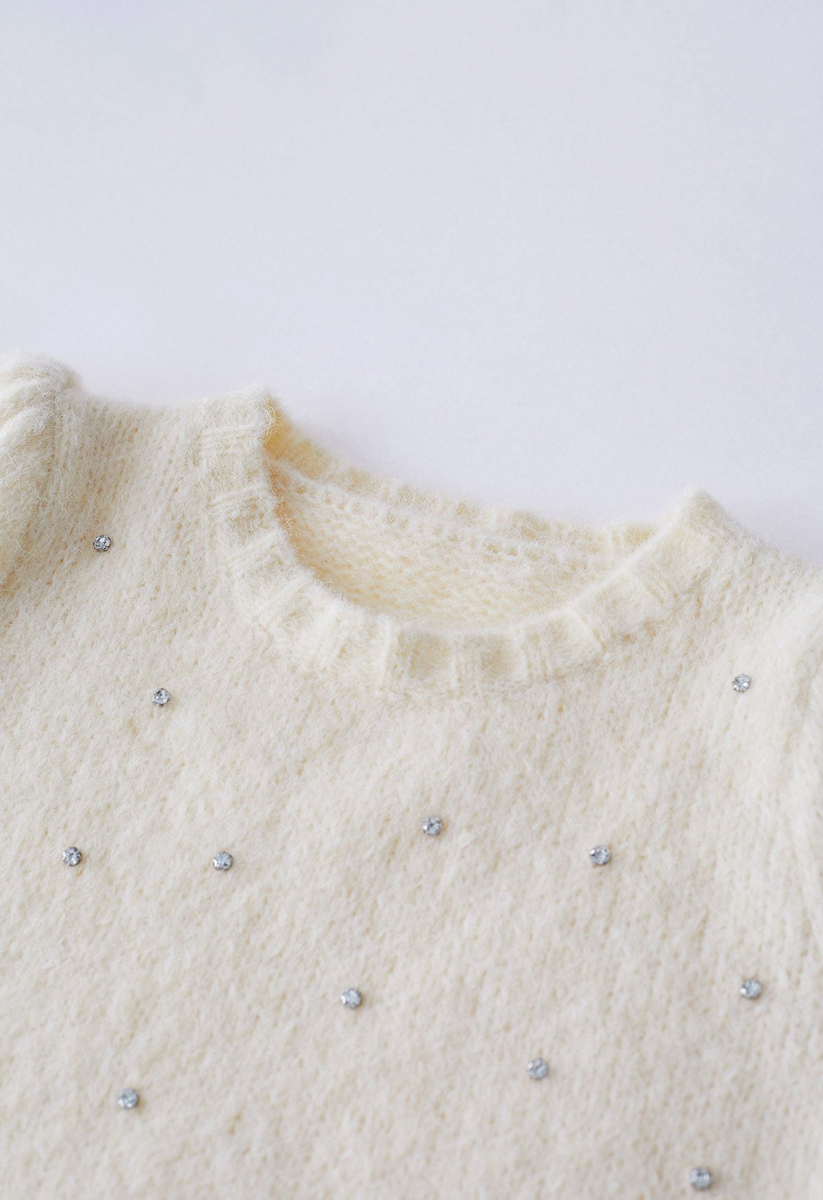 Rhinestone Embellished Fuzzy Knit Sweater in Cream